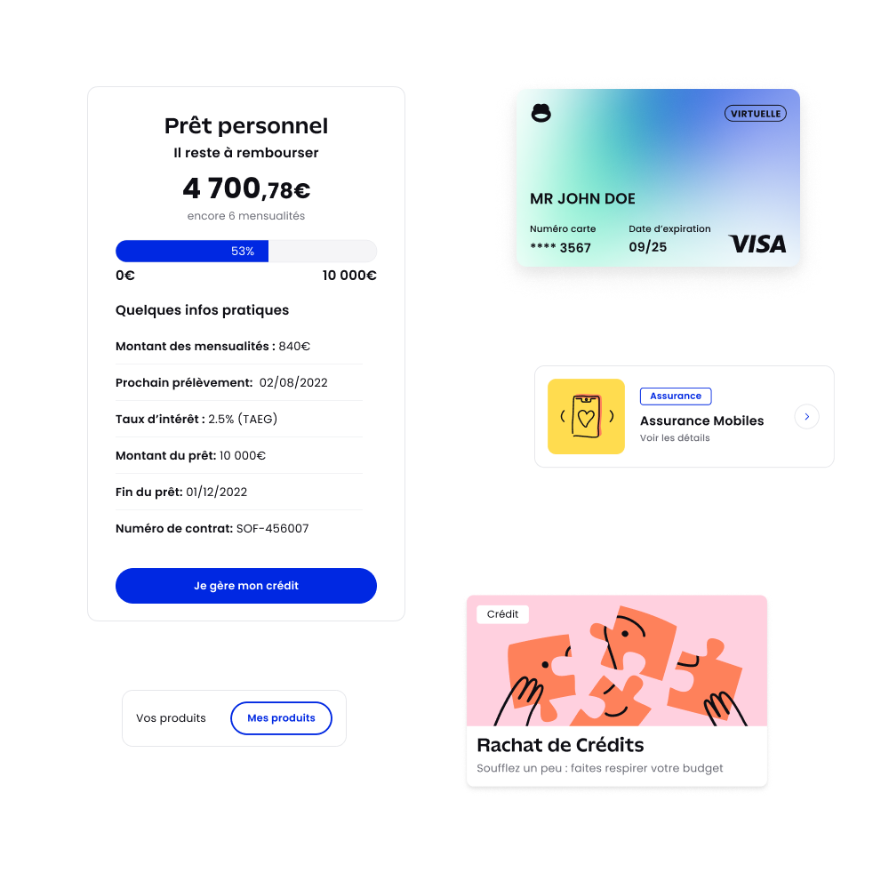 Personal loan summary showing remaining balance of 4,700.78 euros with 6 monthly payments left, interest rate of 2.5%, payment amount 840 euros; a virtual Visa card for Mr John Doe; mobile insurance details; and credit consolidation advertisement with puzzle pieces illustration.