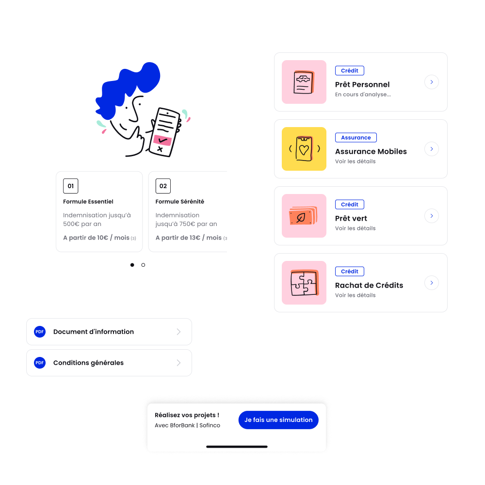Interface displaying insurance options with an illustration of a person holding a checklist, two insurance plans labeled Formule Essentiel and Formule Sérénité, four product cards for Crédit and Assurance, and buttons for PDF documents and a simulation.