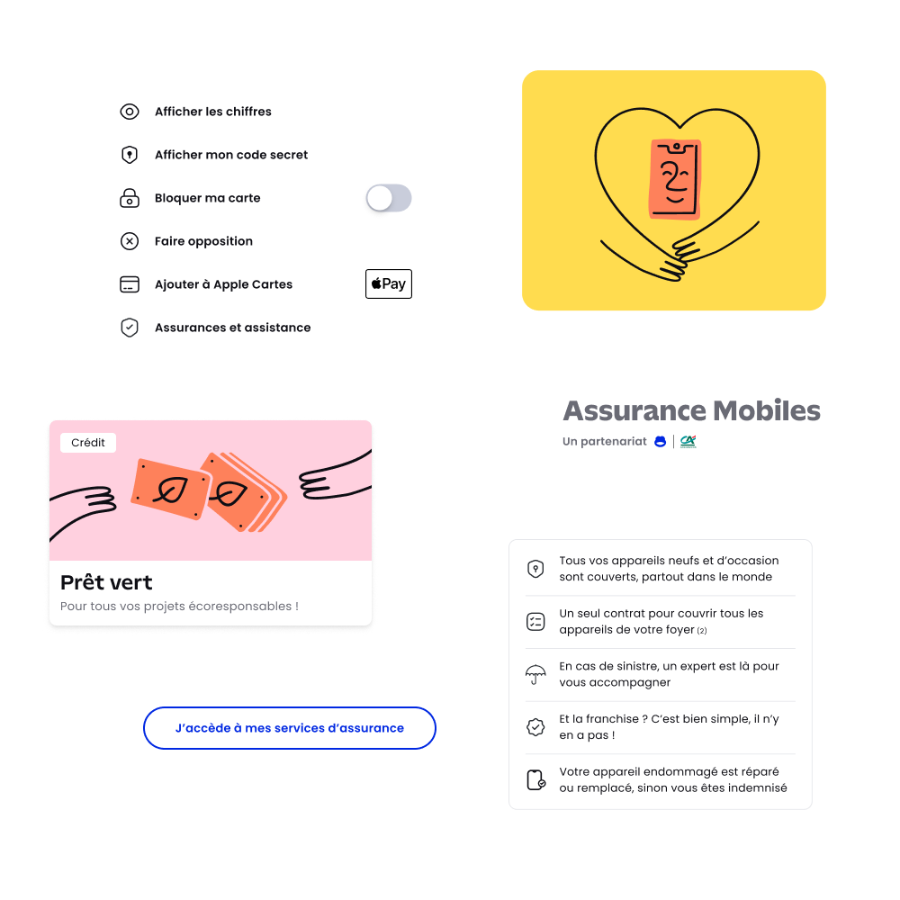 Mobile insurance services overview with options to view numbers, block card, add to Apple Pay, green loan promotion, and coverage details.