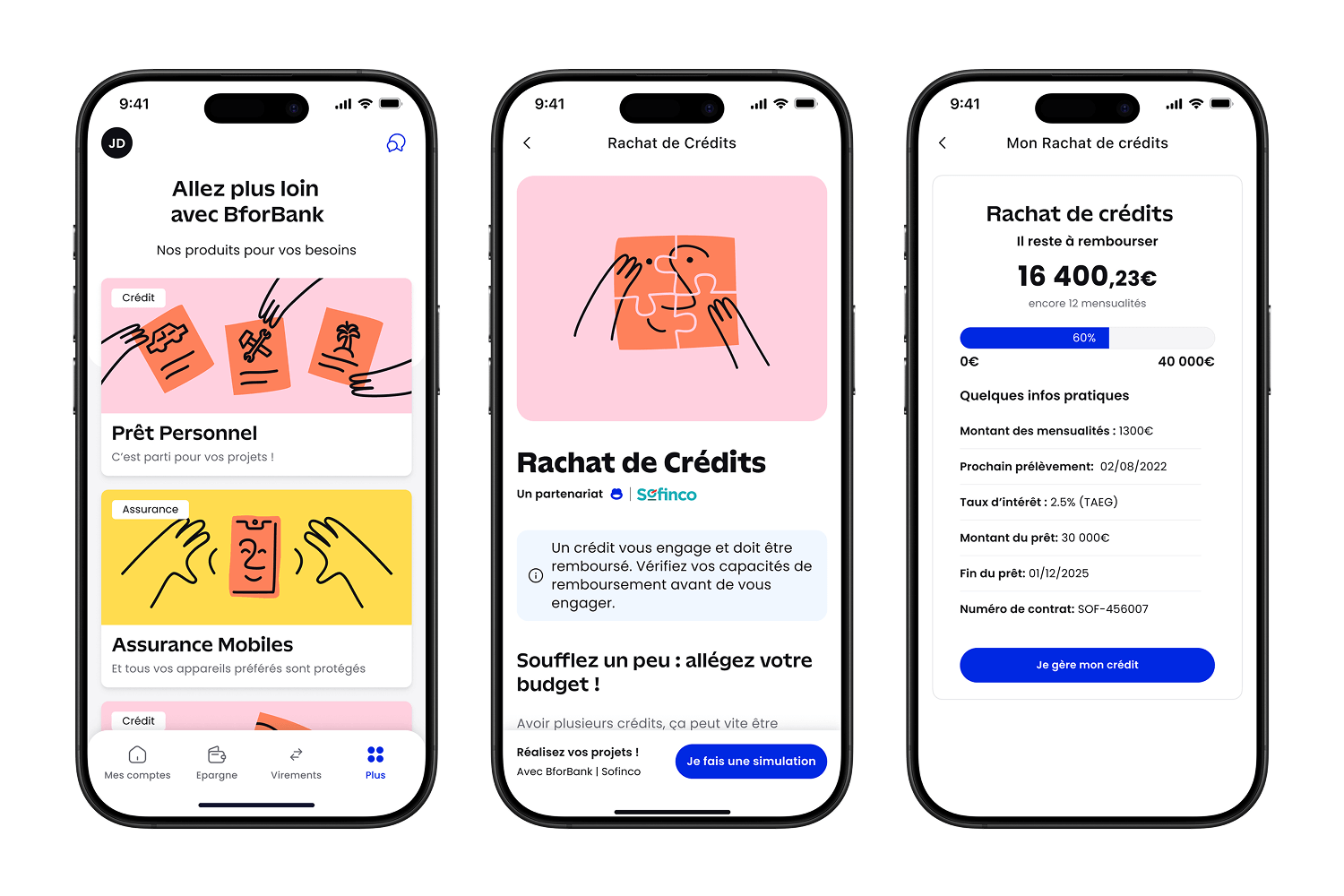 Three smartphone screens showing BforBank app credit services: personal loan offers, credit buyback information with a puzzle illustration, and loan repayment details with progress bar and contract info.