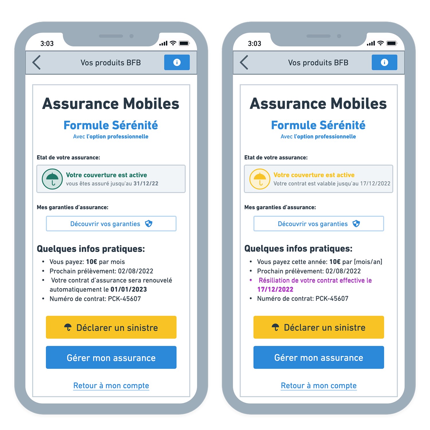Two smartphone screens showing French mobile insurance status; left screen shows active coverage until 31/12/22 with next payment 02/08/22 and automatic renewal on 01/01/2023, right screen shows active coverage until 17/12/2022 with contract termination effective on 17/12/2022, both feature buttons to declare a claim and manage insurance.