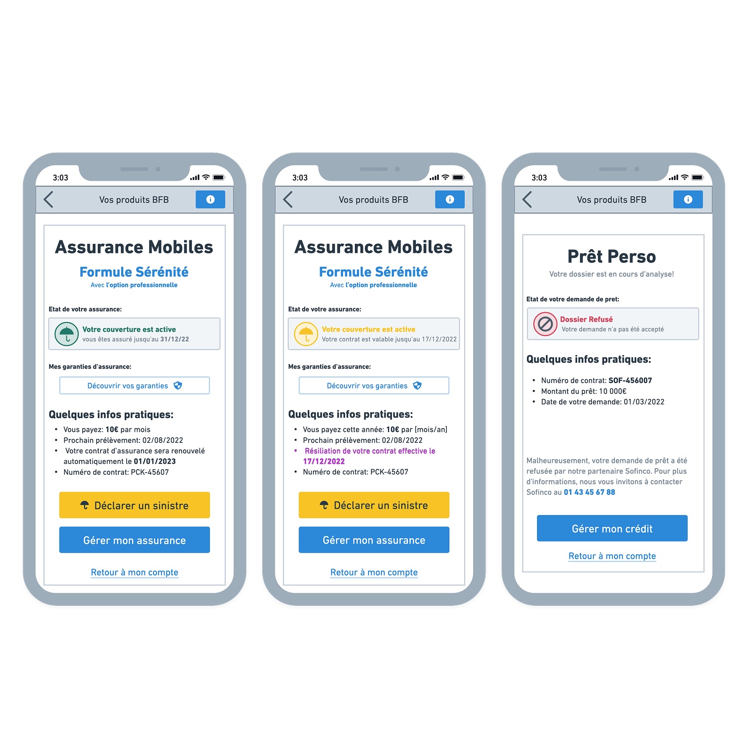 Three smartphone screens showing insurance and loan status: two mobile insurance pages with active coverage and contract details, and one personal loan page with a refusal notice and contact info.