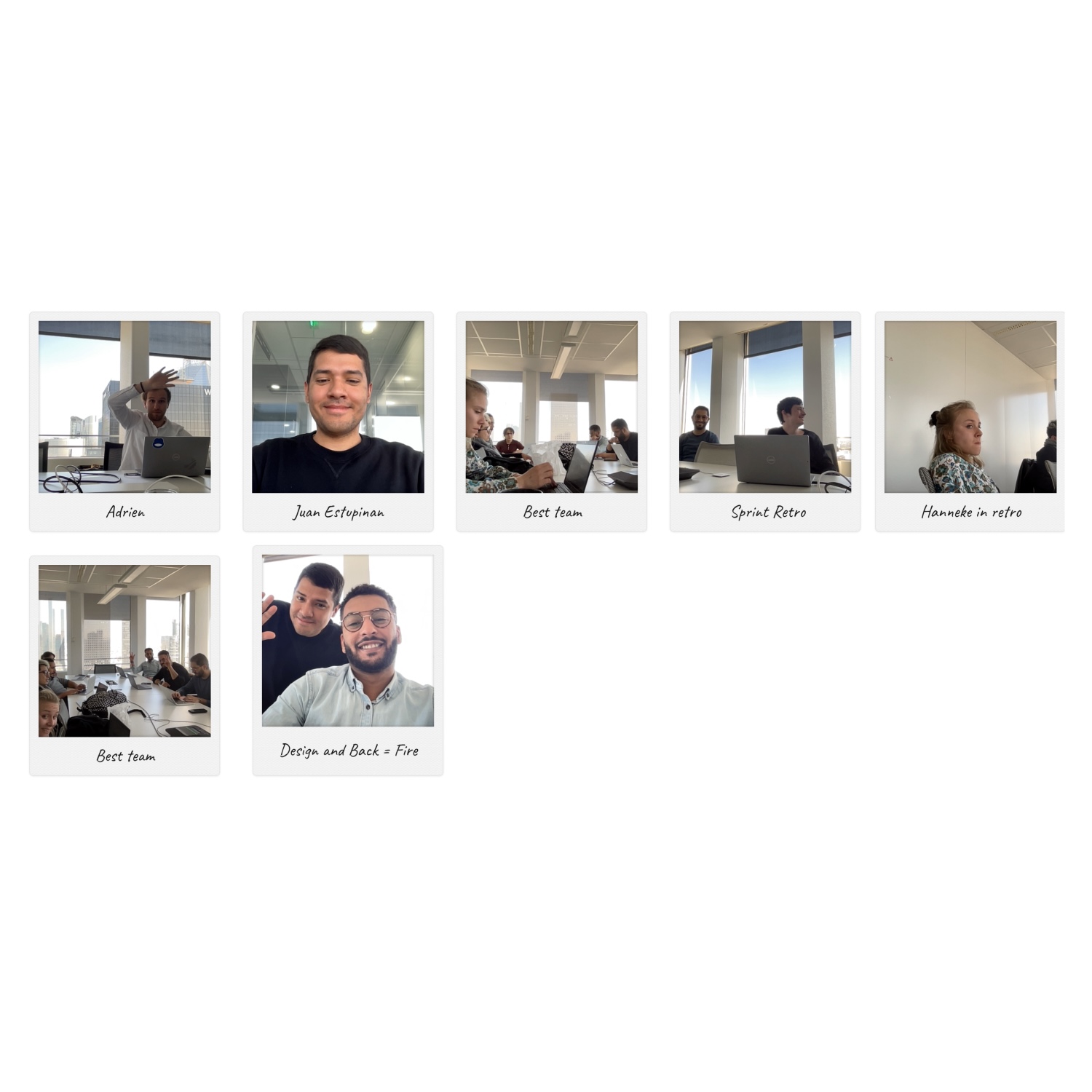Collage of seven Polaroid-style photos showing people working and smiling in a modern office with laptop computers.