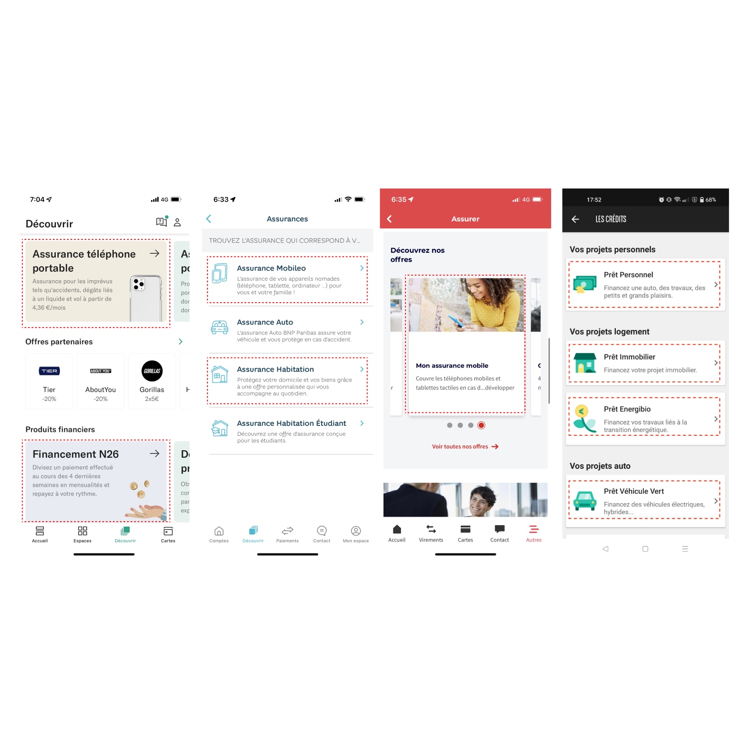 Four smartphone screens showing French insurance and loan app interfaces for mobile phone insurance, home insurance, personal loans, and green vehicle loans.