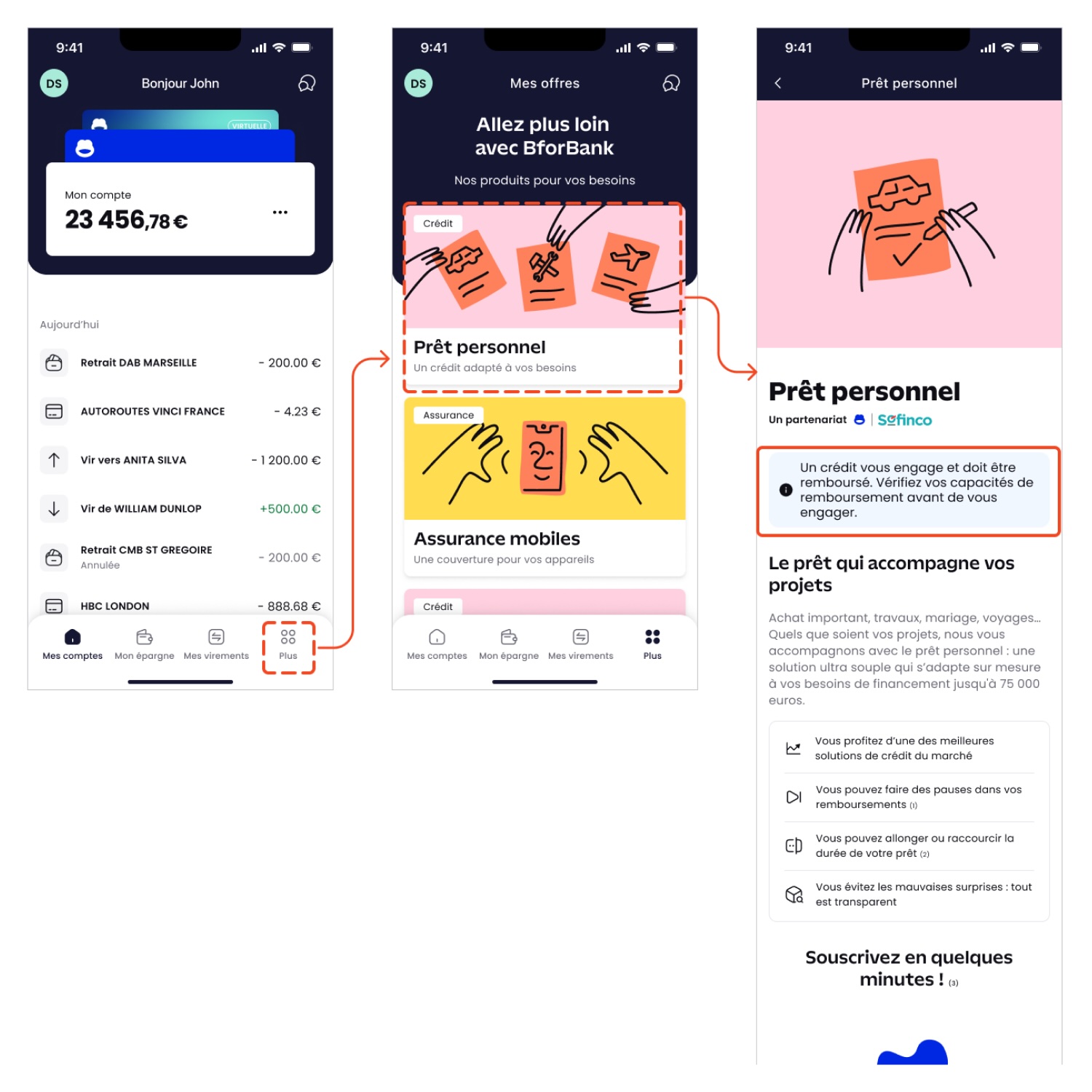 Three smartphone screens showing BforBank app: account balance and transactions, credit and insurance offers, and personal loan details with warnings and benefits.