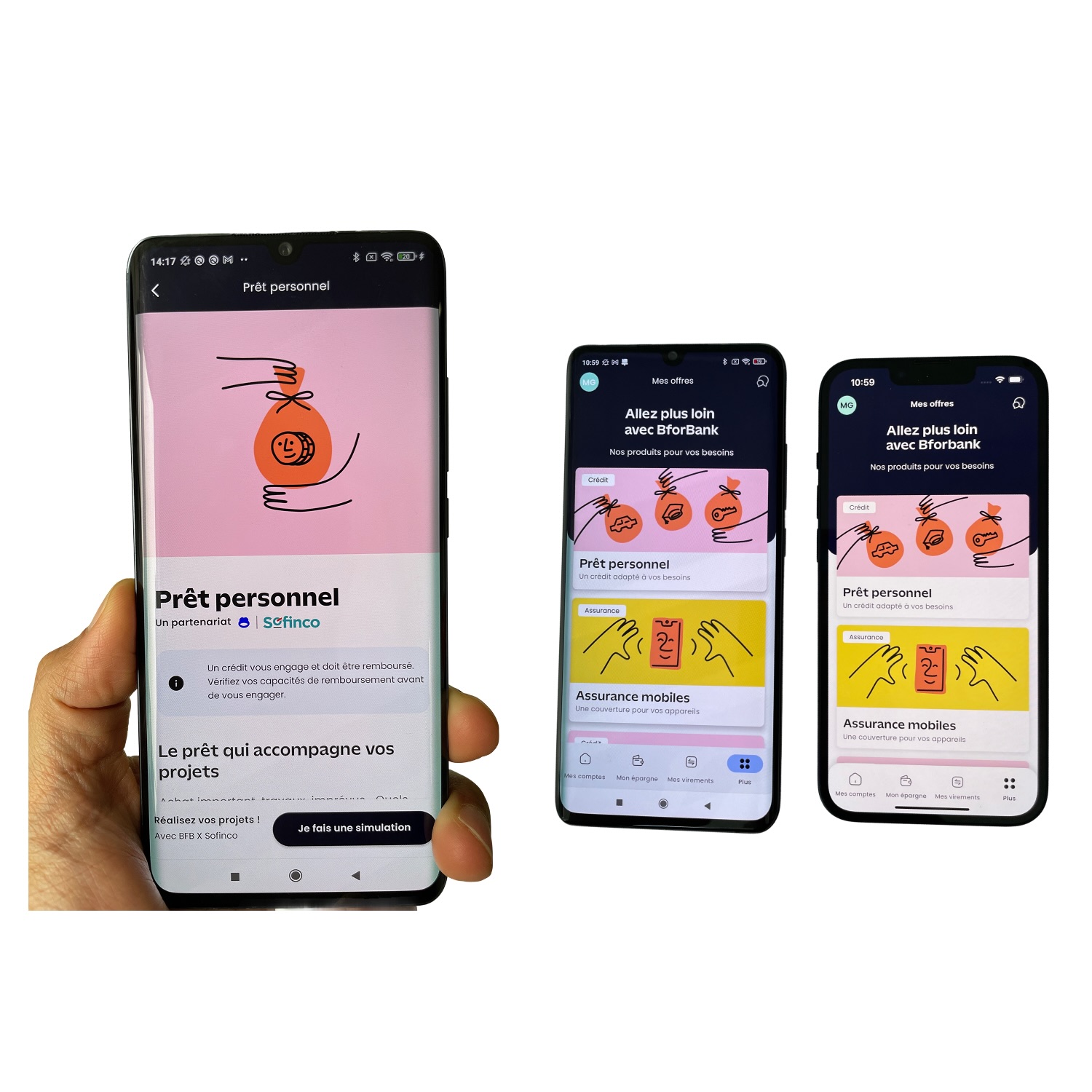 Three smartphones showing BforBank app screens in French, featuring personal loan and mobile insurance options with colorful icons.