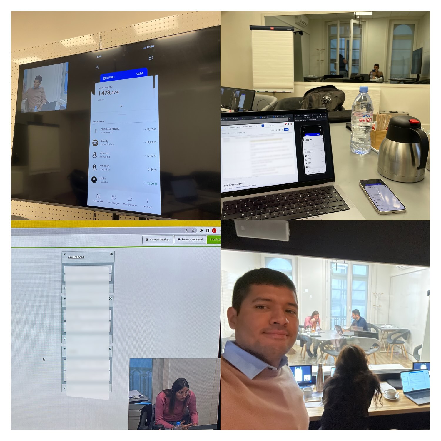 Collage of four images showing a virtual meeting with financial app on screen, a laptop and smartphone on a table, a software interface with a video call, and a man taking a selfie with people working in a conference room.
