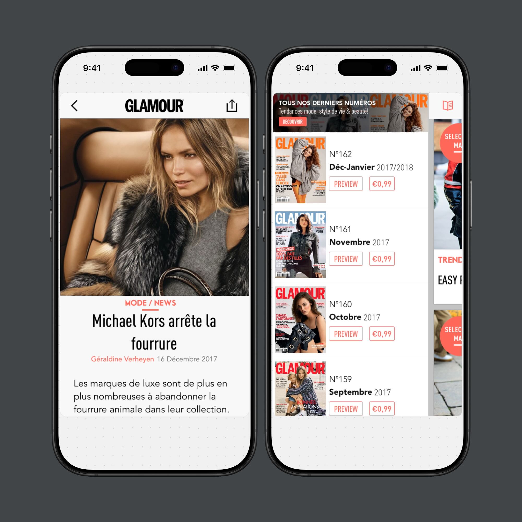Two smartphones displaying Glamour magazine content in French; left phone shows an article about Michael Kors stopping use of animal fur with a woman in fur coat, right phone shows preview and pricing of past Glamour magazine issues from 2017-2018.