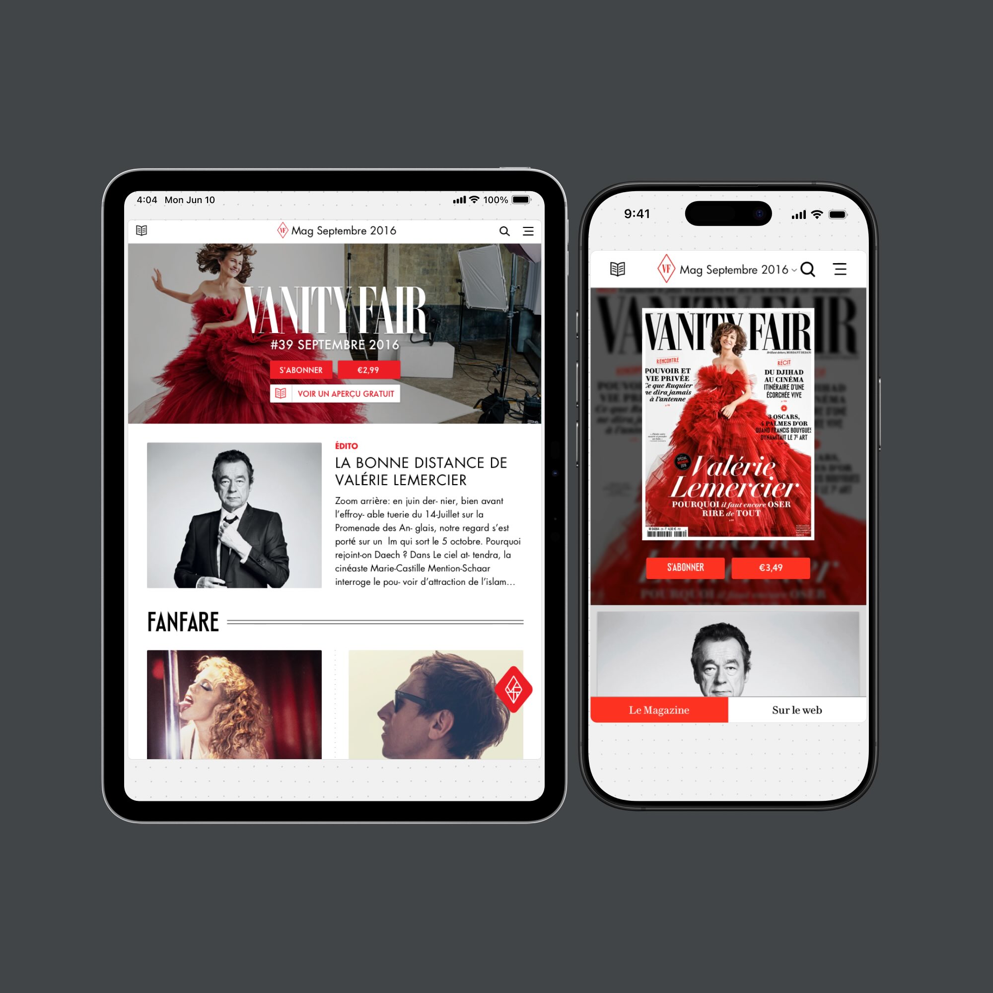 Tablet and smartphone showing Vanity Fair magazine digital edition with cover featuring a woman in a red dress and article previews in French.