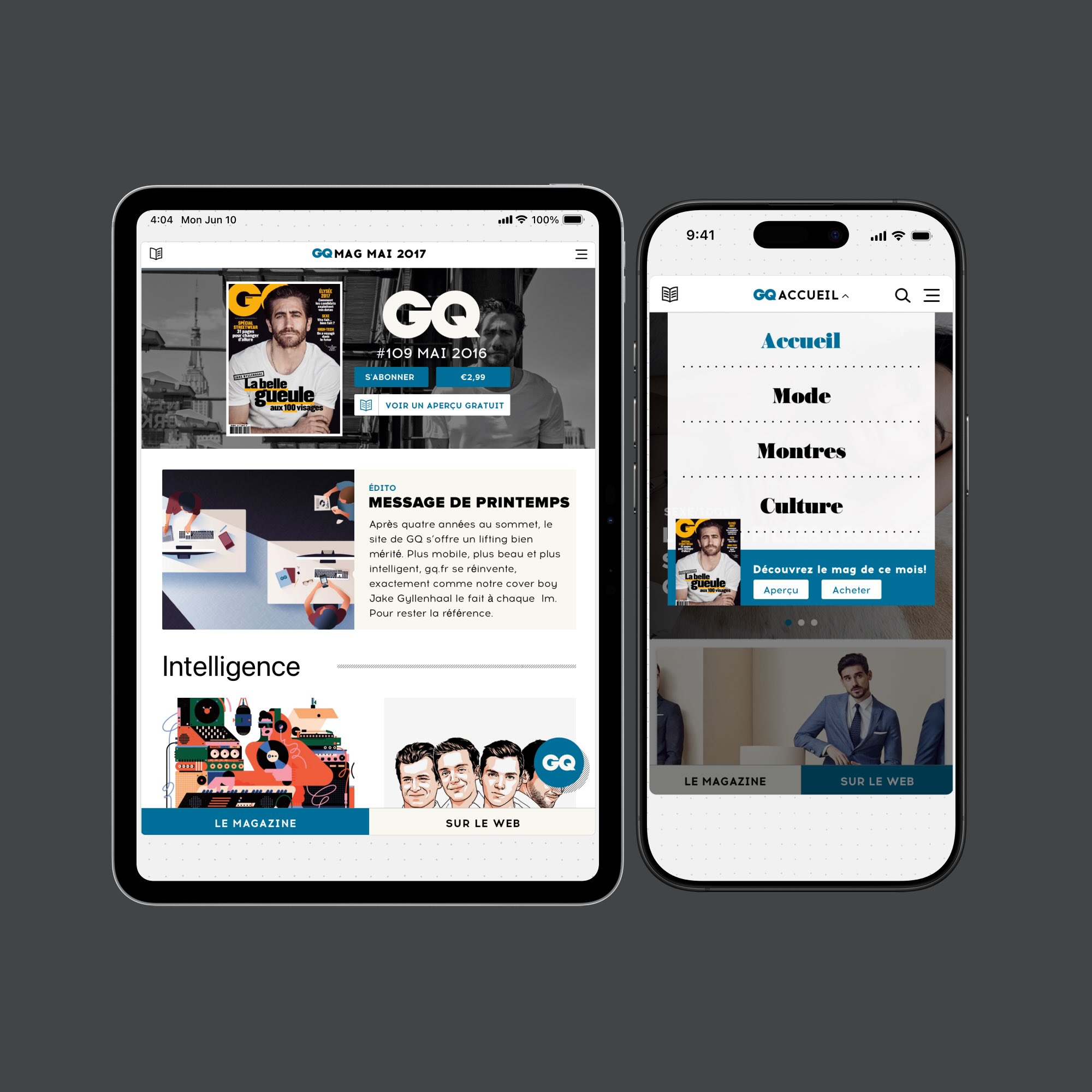 Tablet and smartphone displaying French GQ magazine digital layouts, including cover and navigation menus.