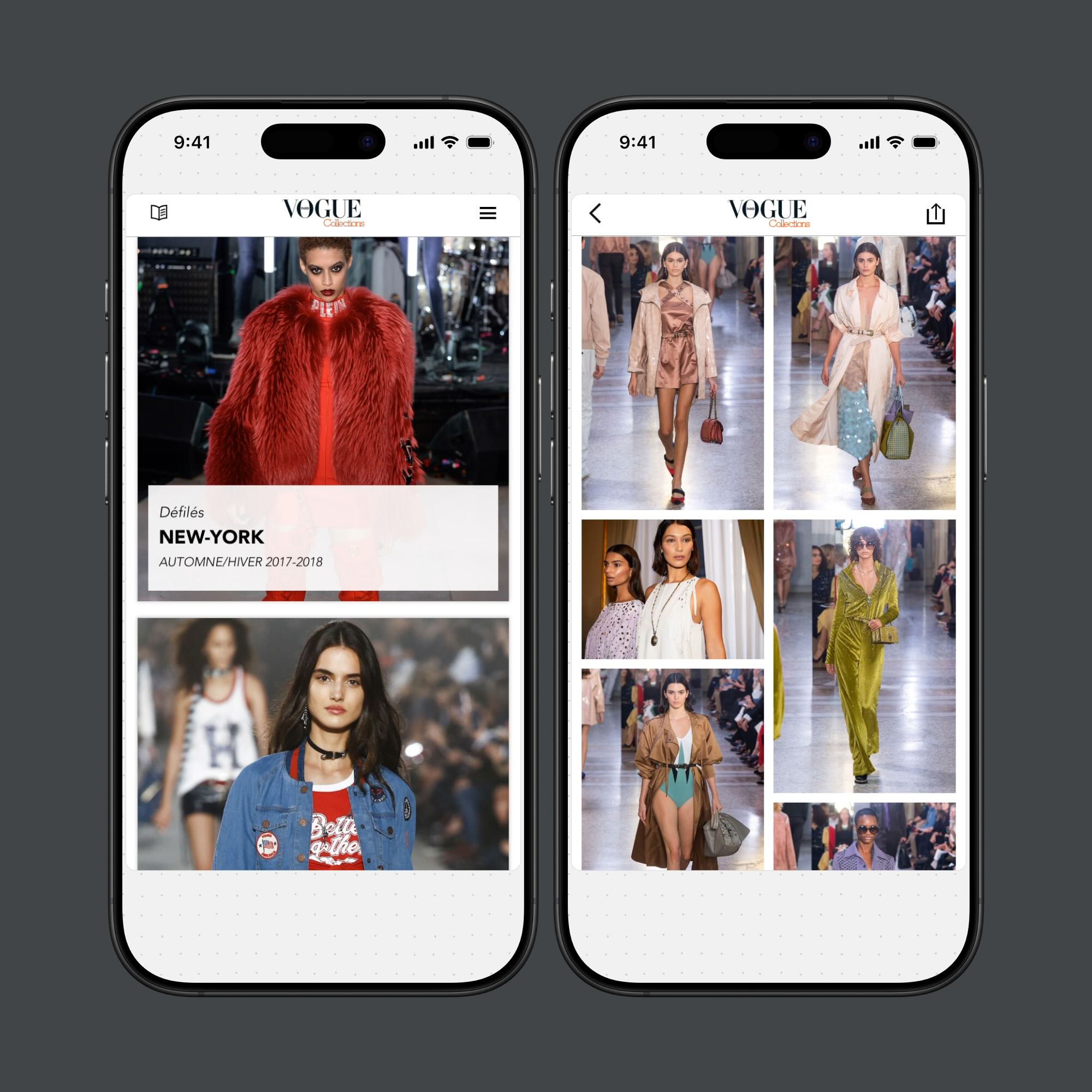 Two smartphones displaying Vogue Collections fashion content featuring runway models in various outfits from New York Autumn/Winter 2017-2018 collections.