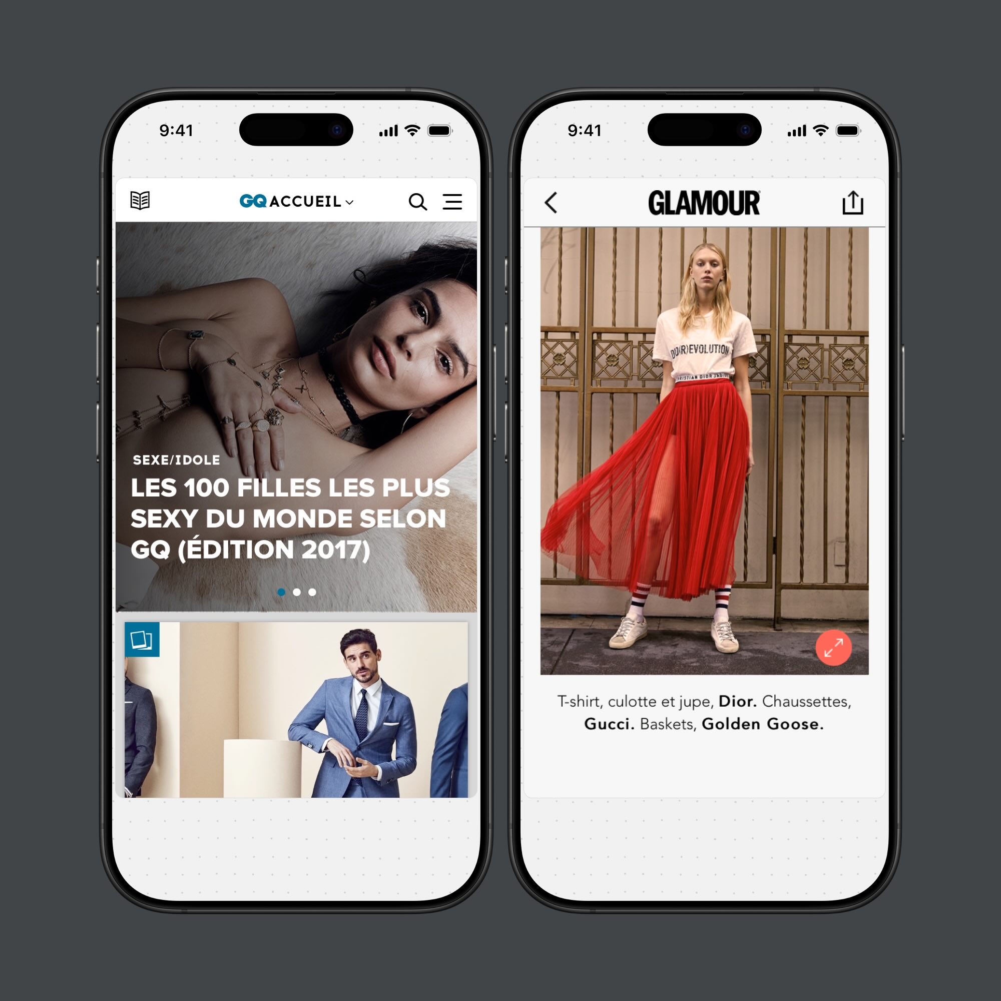 Two smartphones display fashion magazine pages: the left shows a woman lying down with text in French about the sexiest women, the right shows a model in a white Dior t-shirt and red pleated skirt with socks and sneakers.