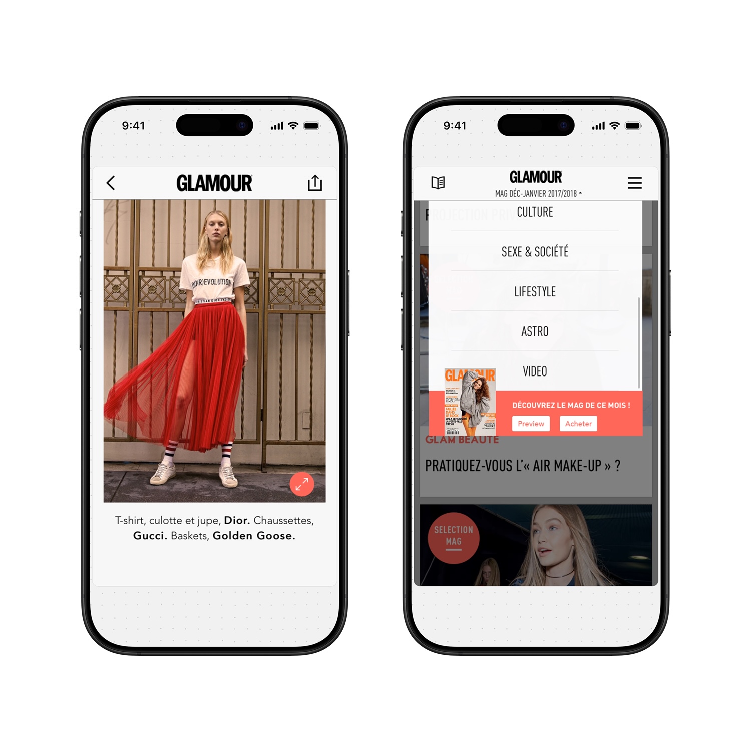 Two smartphone screens showing Glamour magazine app; left screen displays a fashion photo of a woman in a red skirt and white T-shirt, right screen shows a menu with categories like Culture, Lifestyle, and Video.