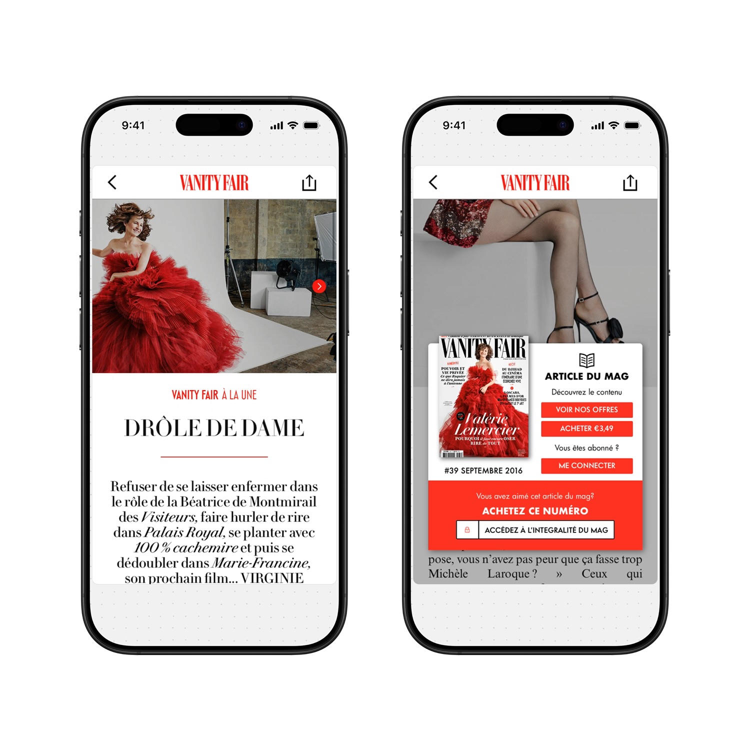 Two smartphones displaying Vanity Fair app pages, one with a woman in a red dress and article text, the other showing a magazine purchase pop-up.