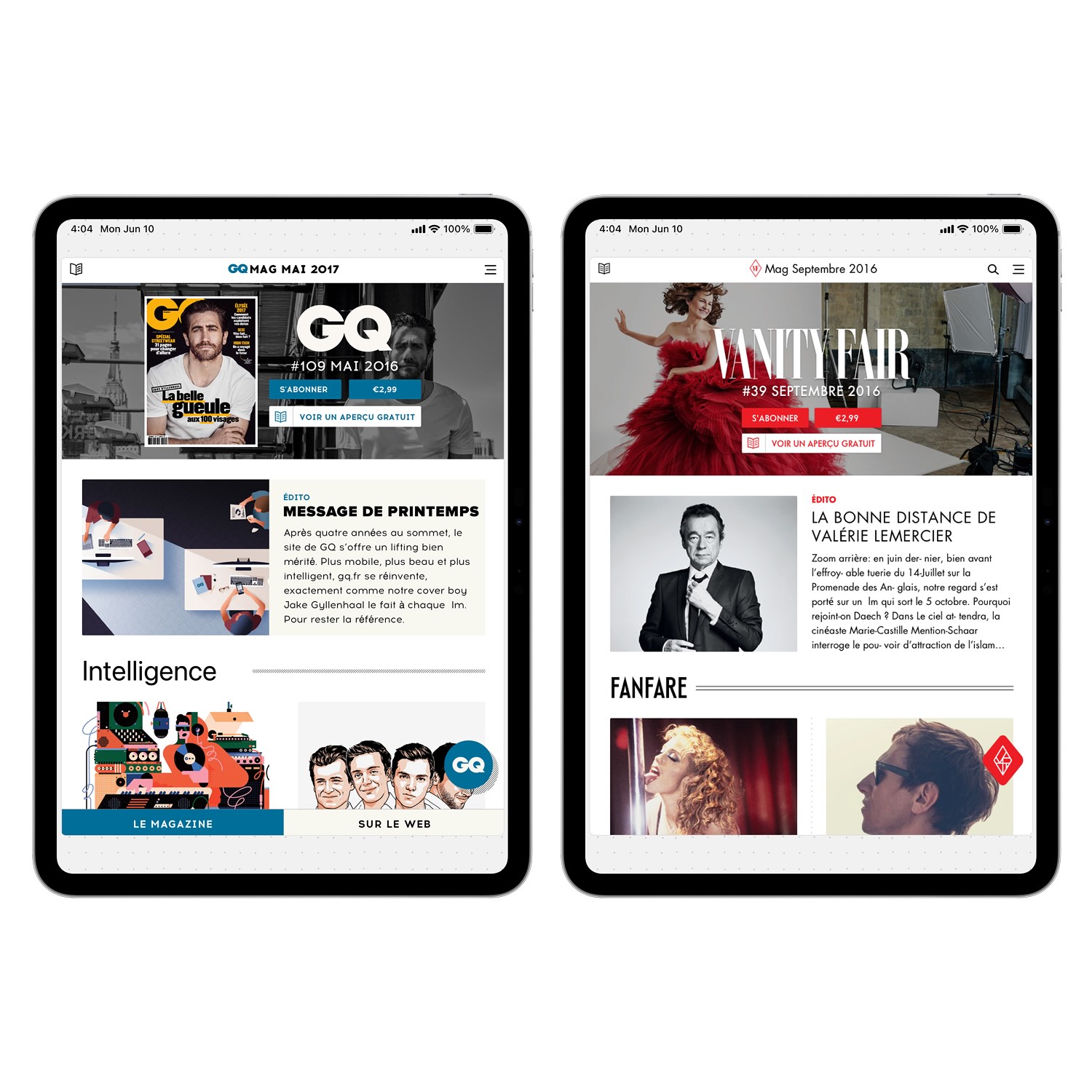 Two tablet screens displaying French magazine covers and articles, one for GQ Mai 2017 featuring Jake Gyllenhaal, the other for Vanity Fair Septembre 2016 with a woman in a red dress and a black and white portrait.