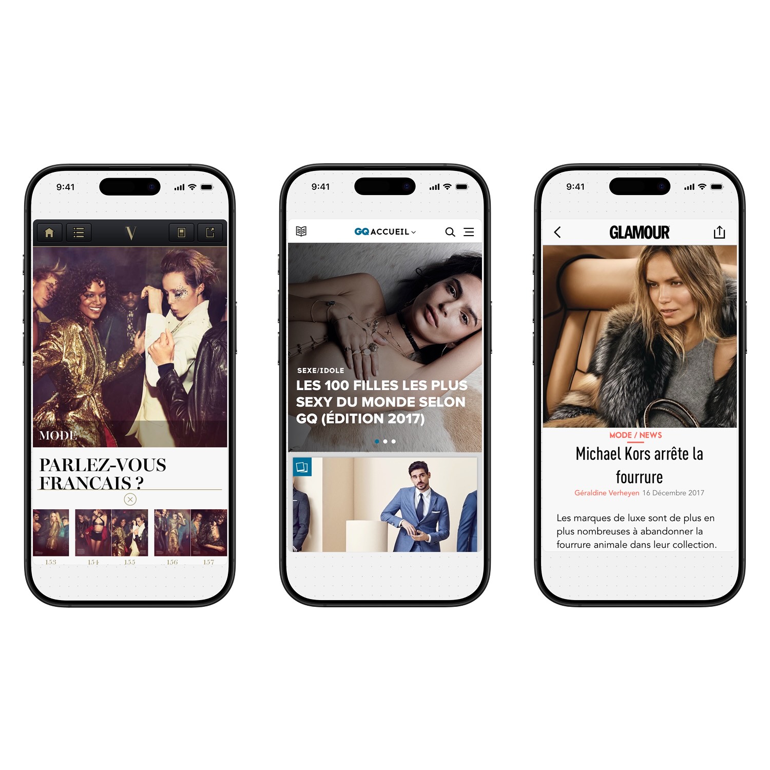 Three smartphones displaying French fashion and lifestyle articles: fashion party scene, GQ's 2017 list of the sexiest women, and a Glamour article on Michael Kors stopping use of fur.