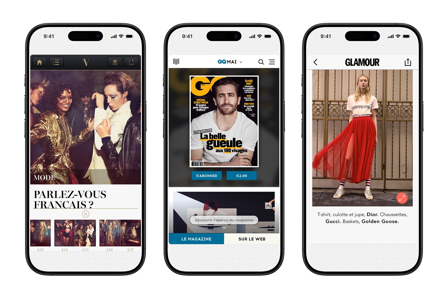 Three smartphones displaying different fashion magazine screens: left shows a party scene with 'Parlez-vous Francais?' headline, center shows GQ magazine cover with a man in a white shirt, right shows a woman in a red skirt and white Dior T-shirt against a decorative iron gate.