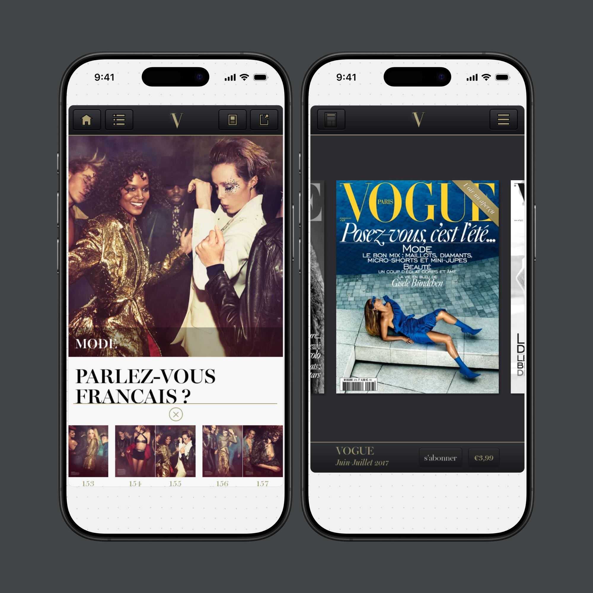 Two smartphones displaying a fashion app with a Vogue Paris magazine cover on the right phone and a fashion article featuring models dancing on the left phone.