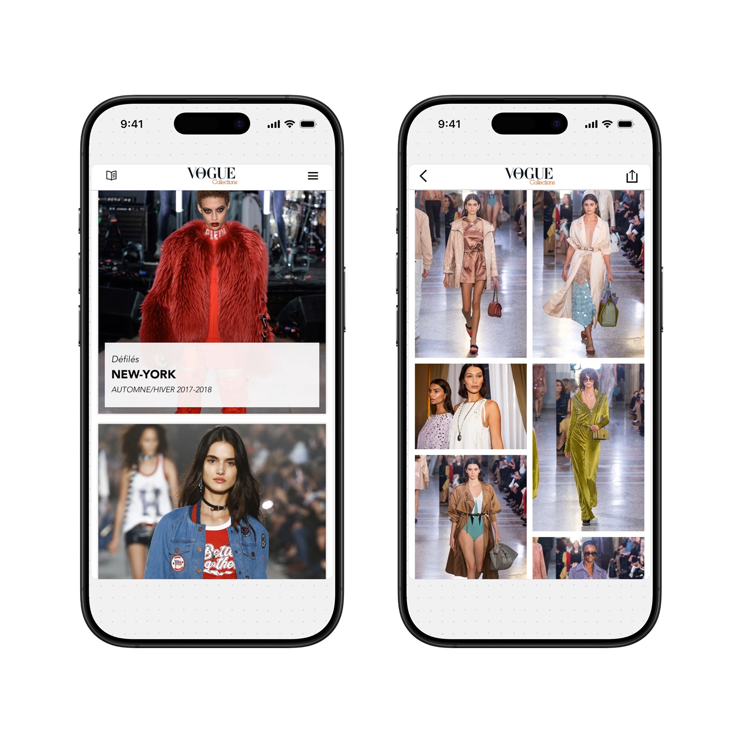 Two smartphones displaying Vogue Collections fashion content: left screen shows New York Autumn/Winter 2017-2018 runway images, right screen shows multiple models walking runway in various outfits.