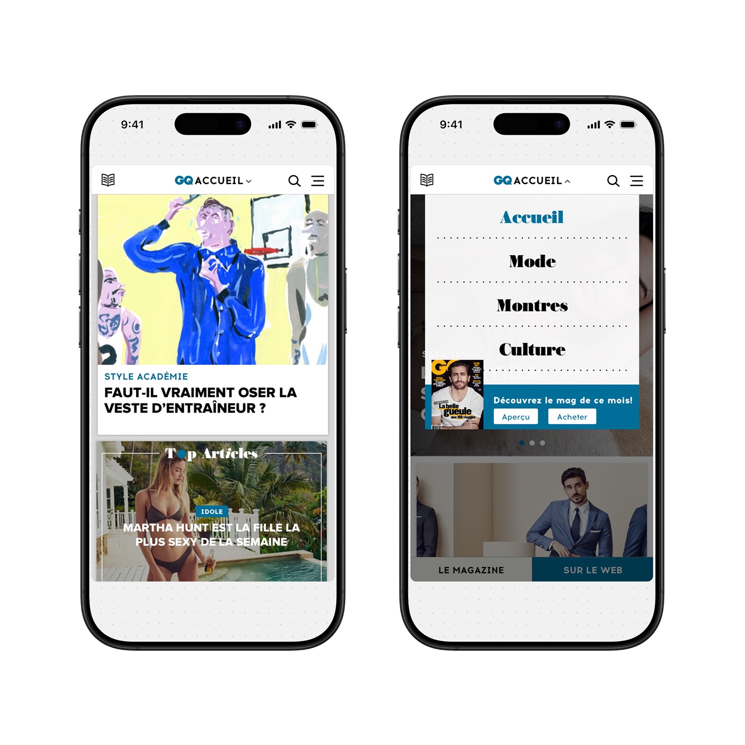 Two smartphones displaying the GQ Accueil French website; the left shows articles with headlines and images, the right shows a menu with categories Accueil, Mode, Montres, and Culture.