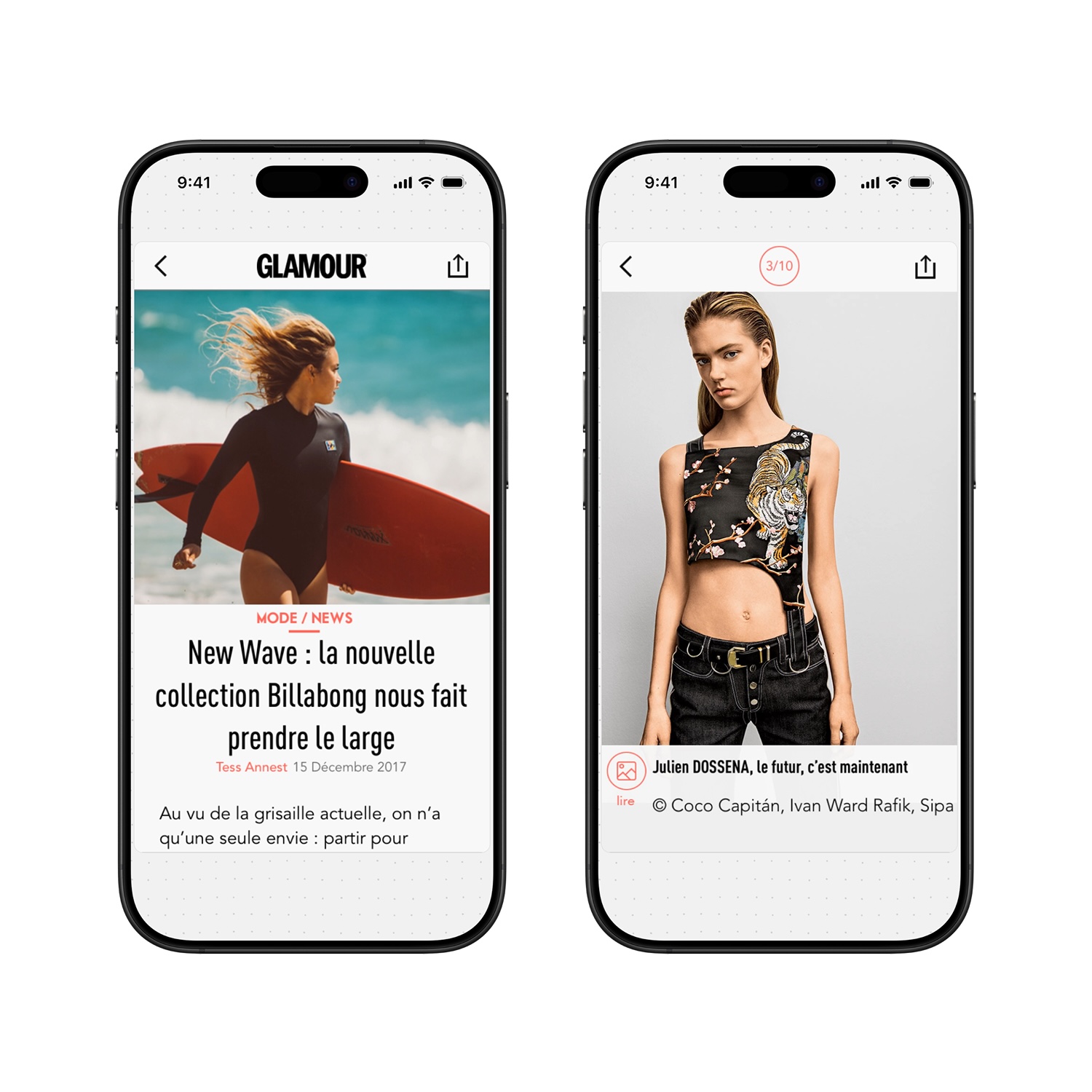 Two iPhone screens showing fashion content: left screen has a surfer woman with a red board and French text about Billabong's new collection; right screen features a female model in a black crop top with a tiger design and black pants.