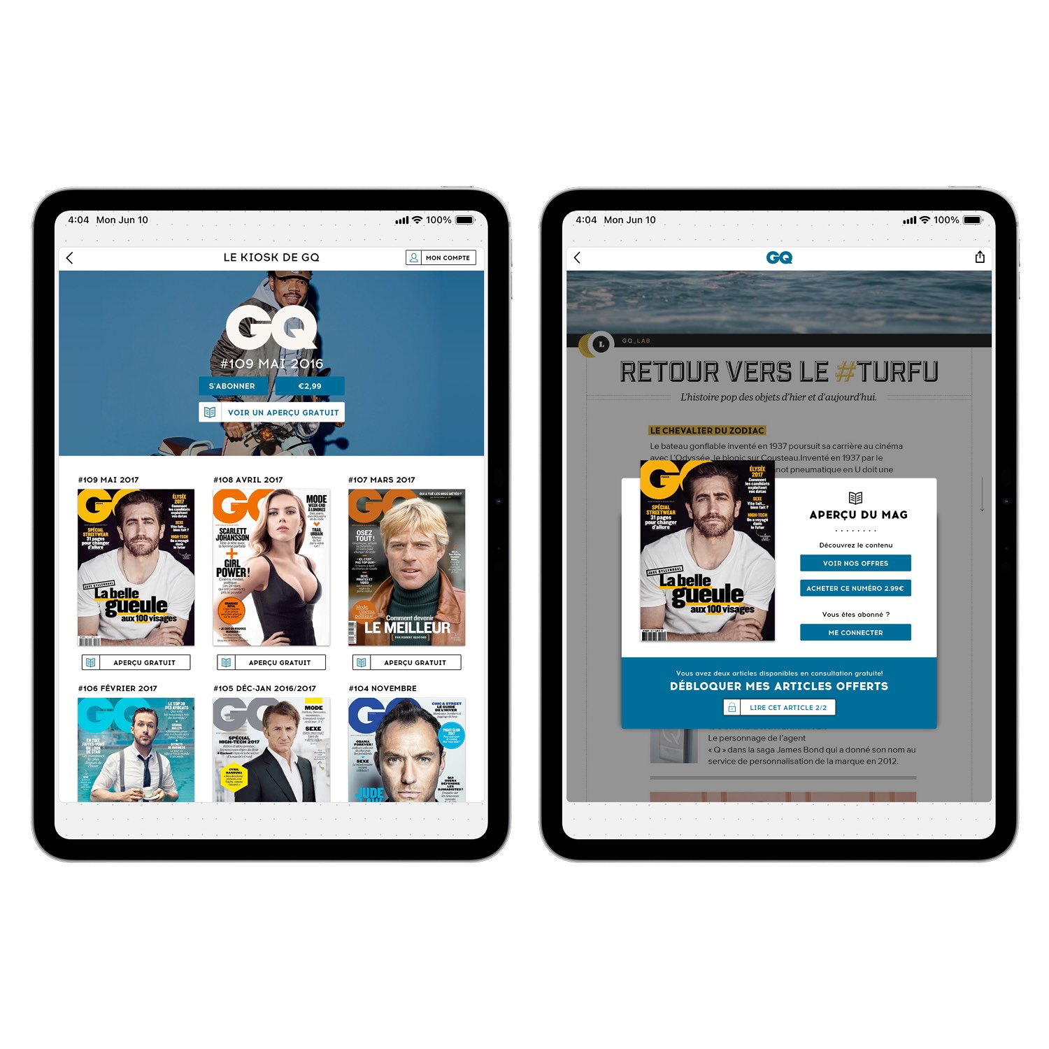 Two tablets side by side showing a French GQ magazine app, with the left displaying multiple cover issues and the right showing a magazine preview and subscription options.