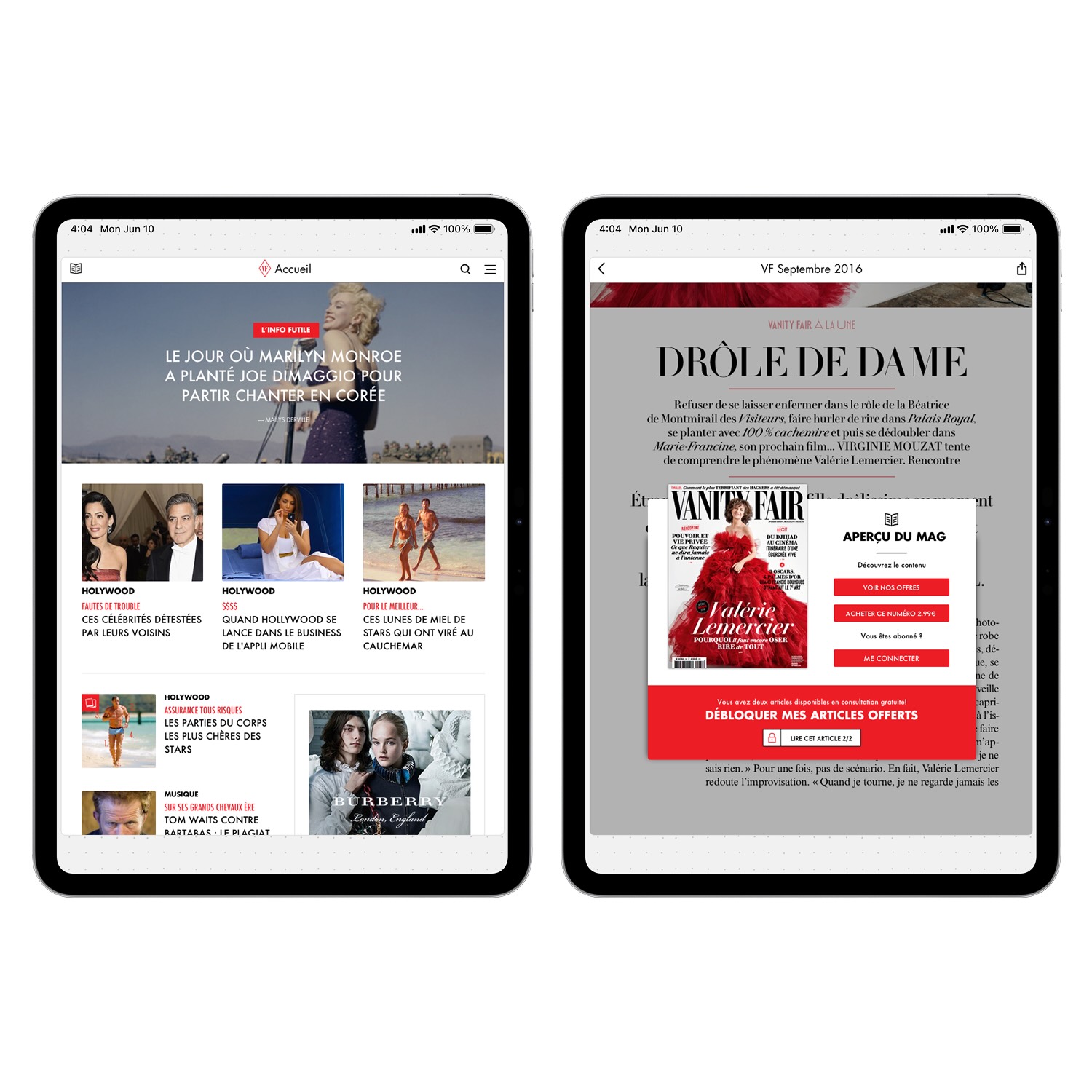 Two tablets showing French magazines: one with Marilyn Monroe headline and celebrity news, the other displaying Vanity Fair cover and subscription prompt.