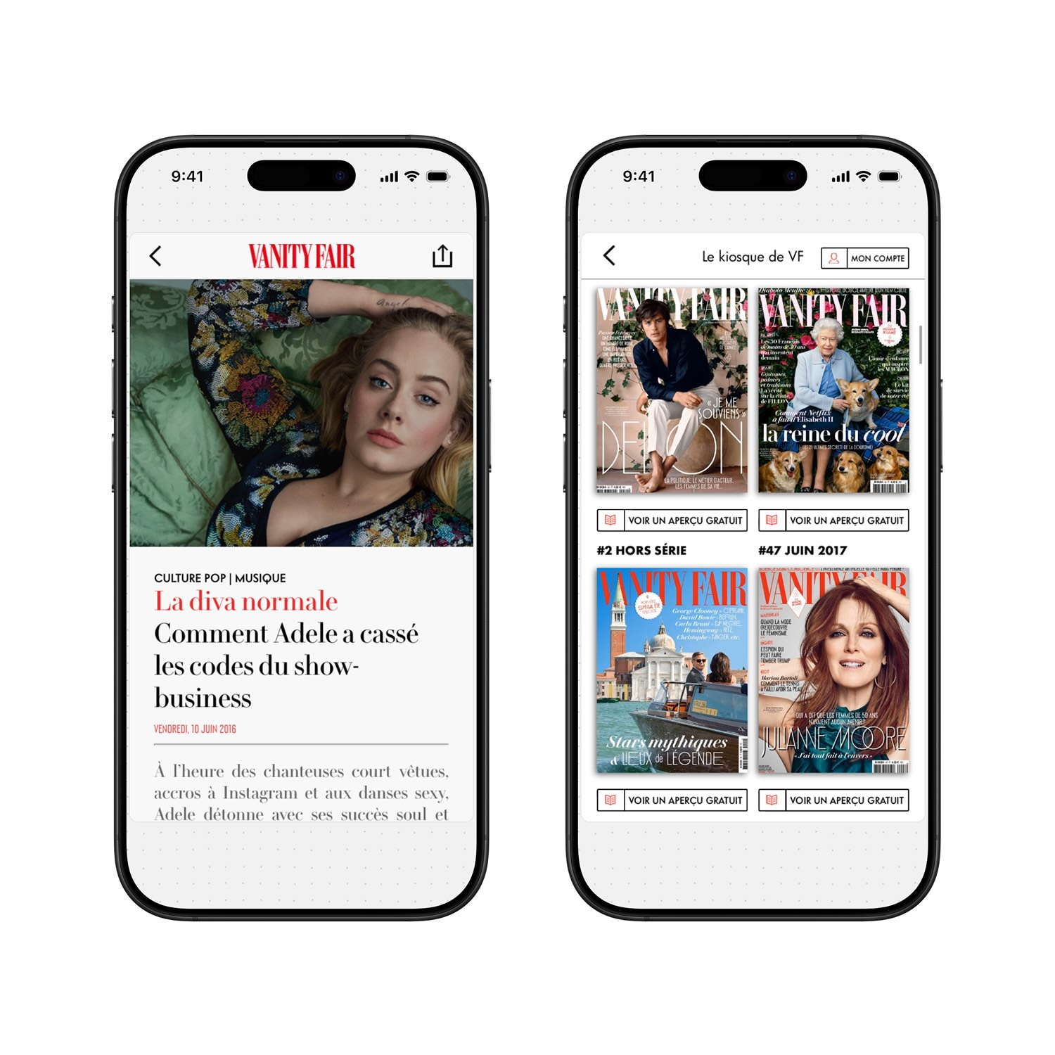 Two smartphones displaying Vanity Fair content; left shows an article about Adele with a close-up photo, right shows a kiosk with four Vanity Fair magazine covers.