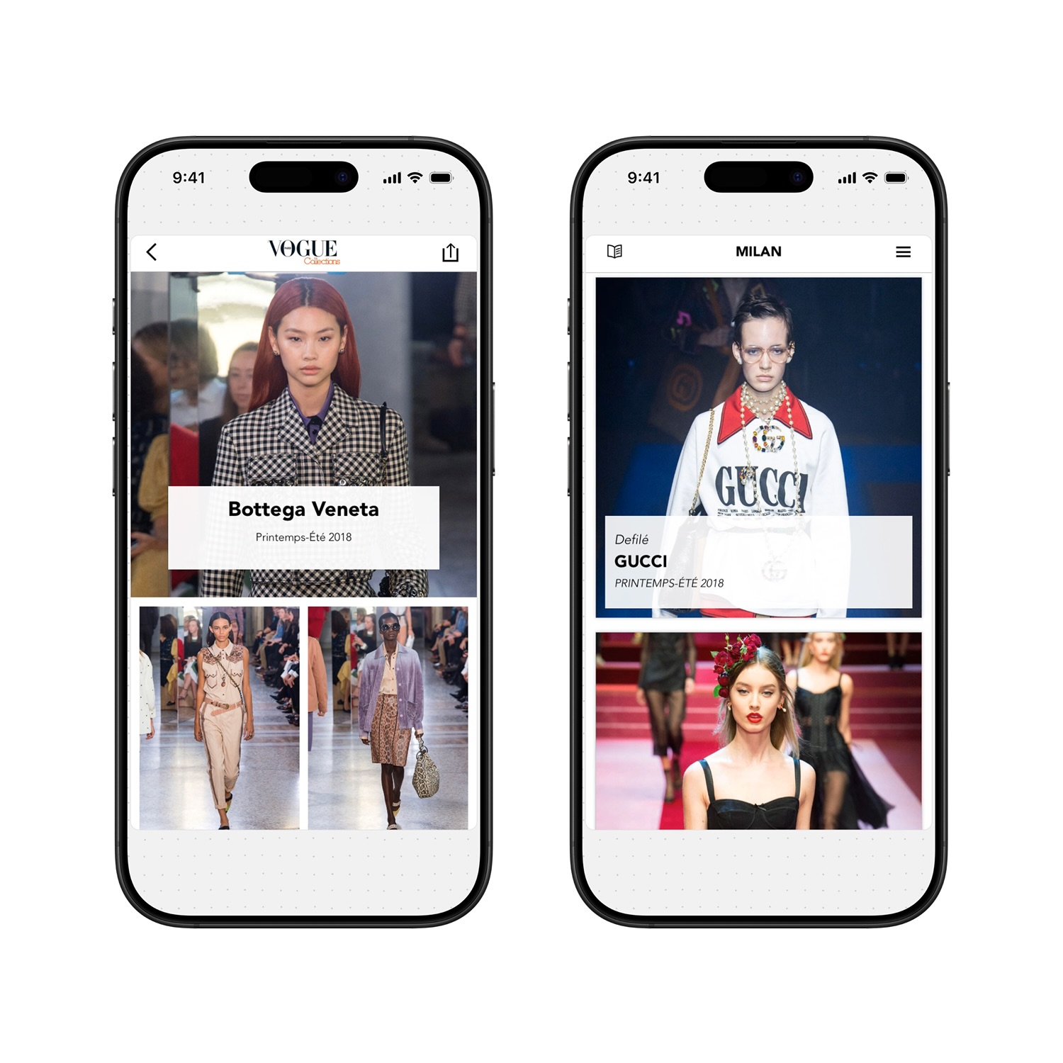 Two smartphones showing fashion runway app screens with models wearing Bottega Veneta and Gucci Spring-Summer 2018 collections.