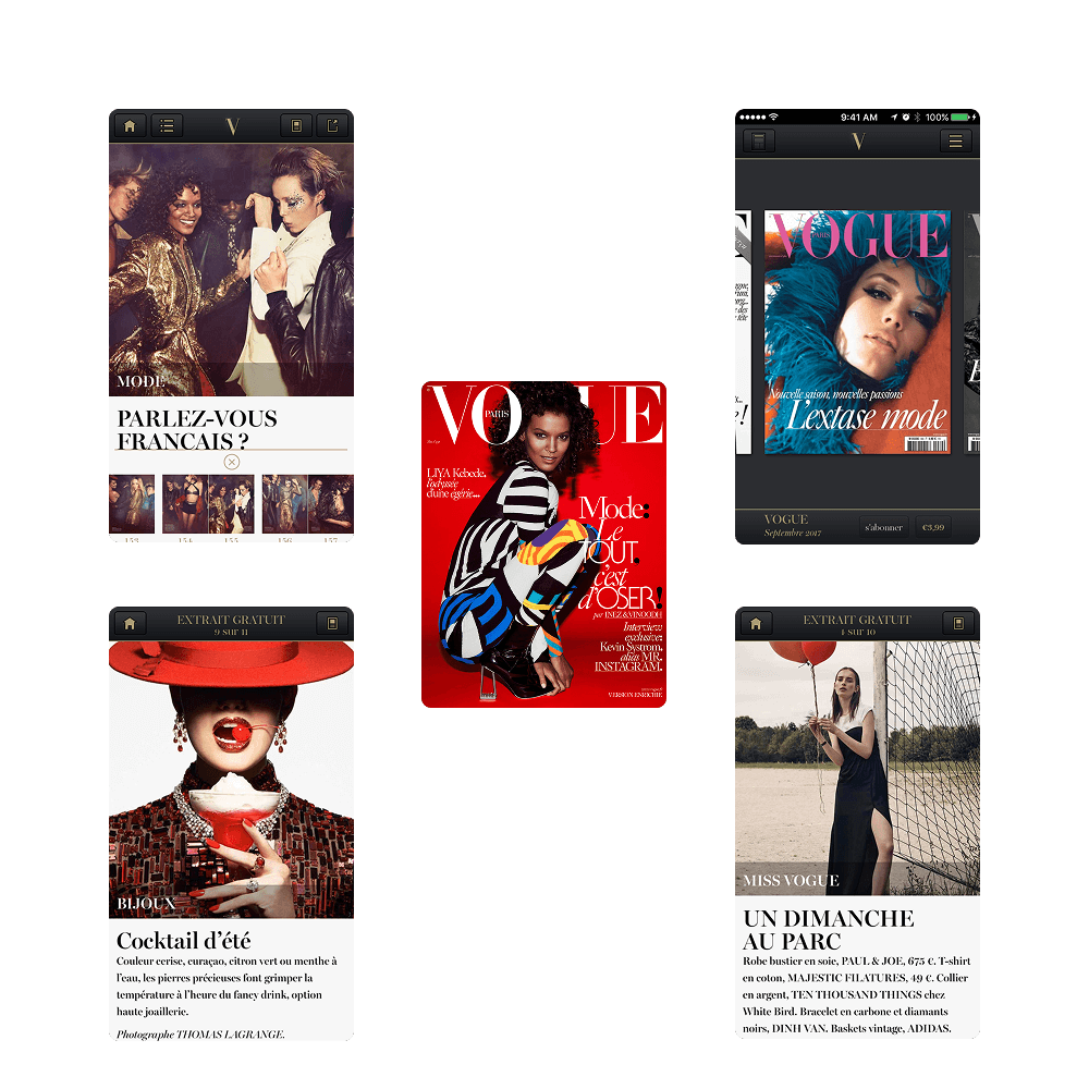 Five Vogue magazine covers and app screenshots featuring fashion photography and French text.
