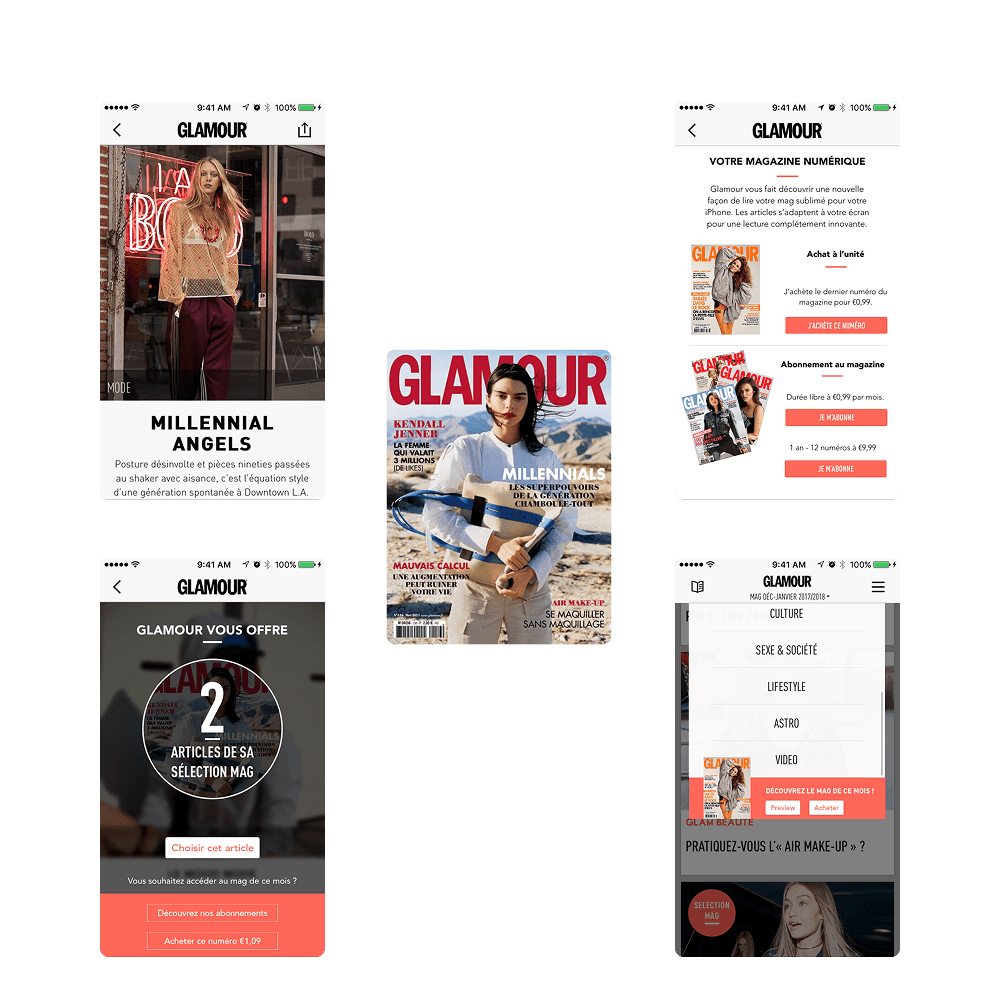Collage of Glamour magazine digital app screenshots including a cover with Kendall Jenner, a millennial fashion article, subscription options, and menu categories.
