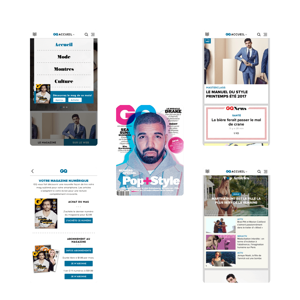 Mobile screens showing GQ magazine content in French, including a digital menu, cover featuring Drake, styles and articles, and subscription options.