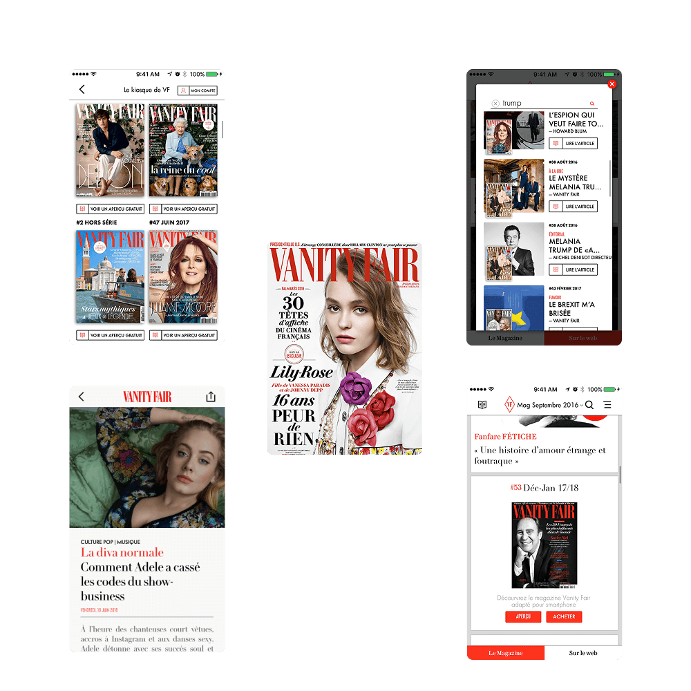 Collage of five smartphone screenshots showing Vanity Fair magazine covers, articles, and digital kiosk interface.