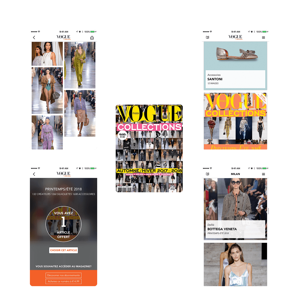 Collage of five screenshots showing Vogue Collections fashion app with runway models, magazine cover, and product listings.