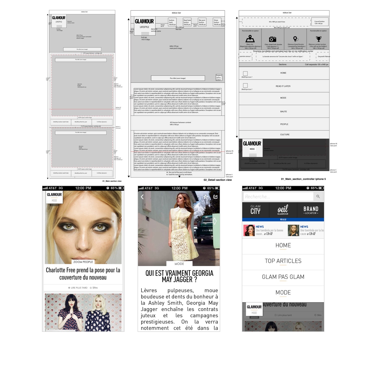 A collage showing three wireframe designs of a Glamour magazine mobile app on top, and corresponding three mobile screen views with articles and navigation below.