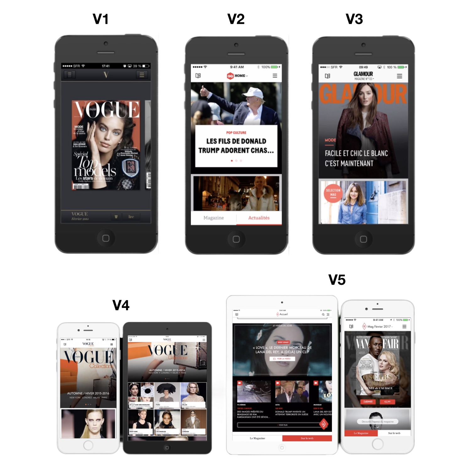 Six mobile devices showcasing different magazine apps, including Vogue, Glamour, and Vanity Fair, labeled V1 to V5.