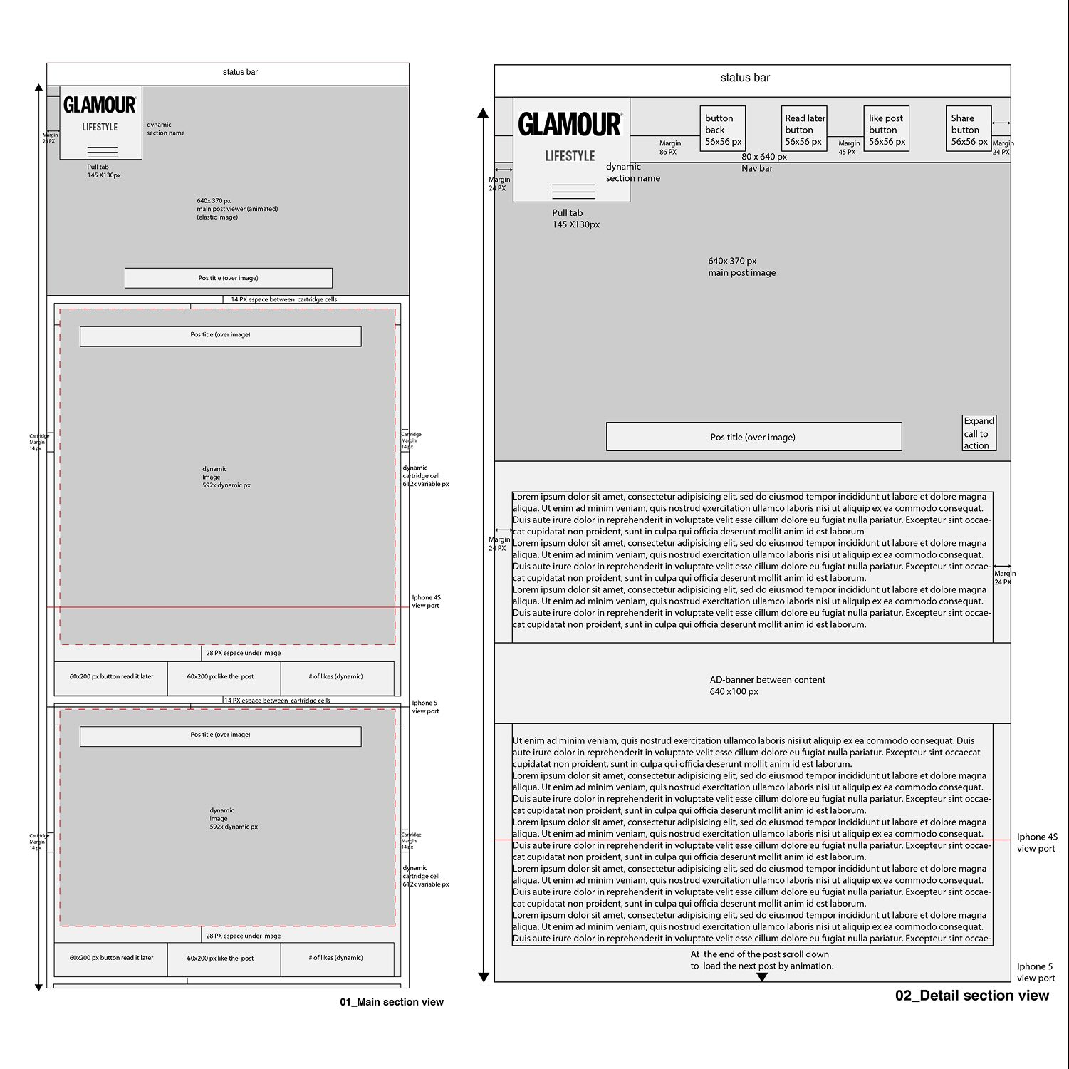 Wireframe diagrams showing main section and detail section views of a Glamour Lifestyle mobile app interface with status bar, dynamic section name, pull tab, main post image, buttons for read later, like post, share, and an ad banner.