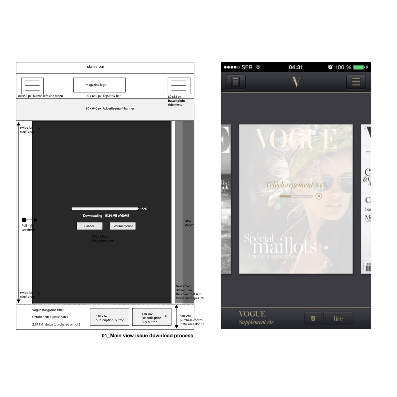 Split image showing a structured wireframe for a magazine app download process on the left and a mobile app screen with Vogue magazine cover downloading on the right.