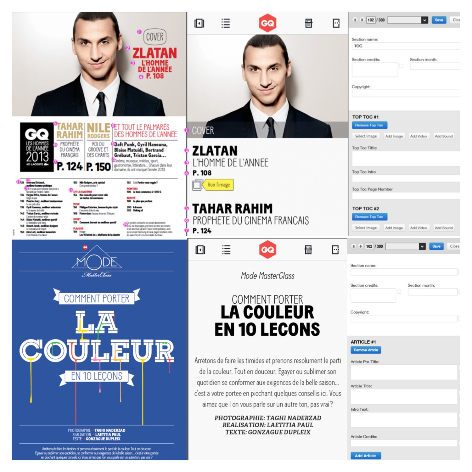 Two pairs of magazine page layouts side by side: top left features Zlatan Ibrahimović as cover with text in French; top right is the magazine editor interface. Bottom left shows a blue cover titled 'Comment Porter La Couleur en 10 Leçons' with artistic dripping colors; bottom right displays interior text and editorial interface for the same article.