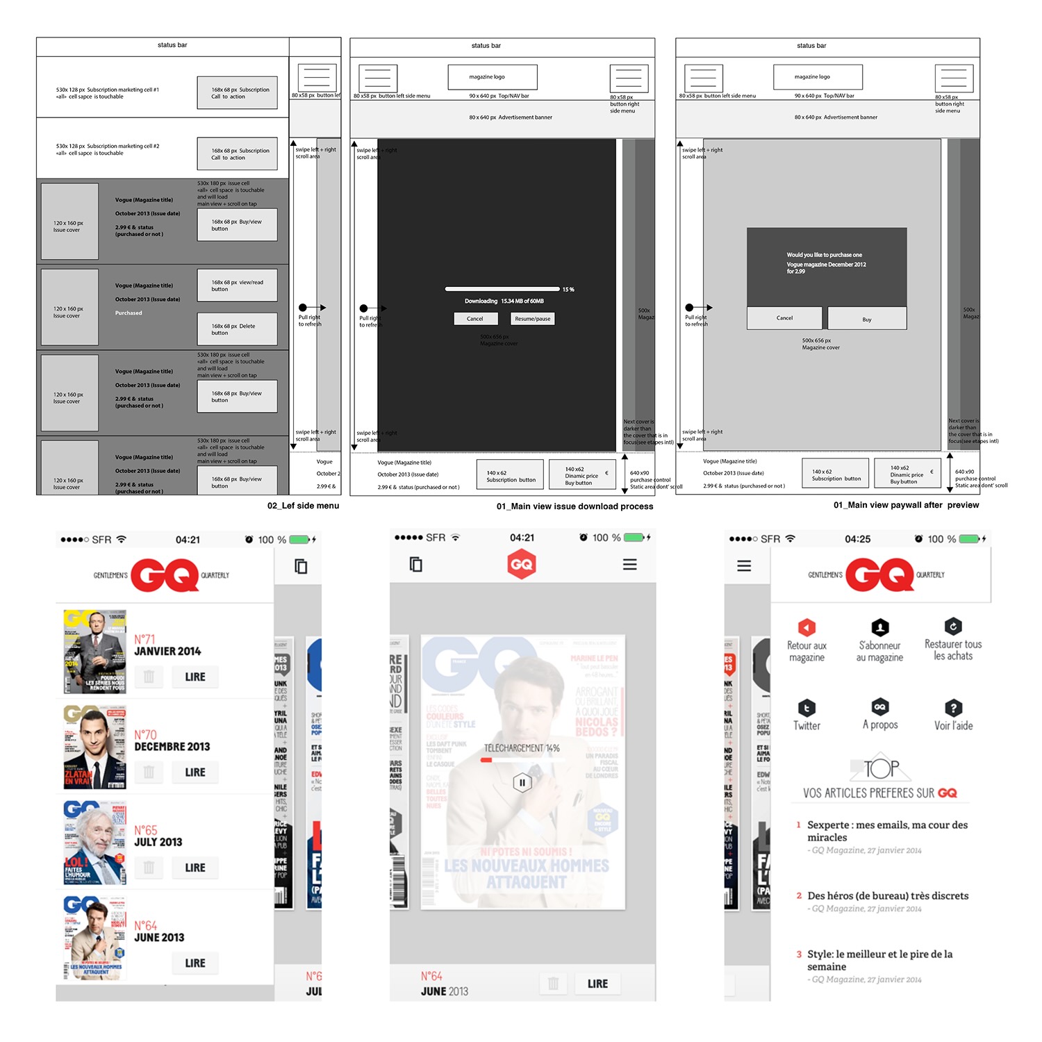 Collage of three wireframe UI diagrams on top showing magazine subscription, download, and paywall screens and three mobile app screenshots below showing GQ magazine cover list, a download progress screen, and a menu with options and favorite articles.