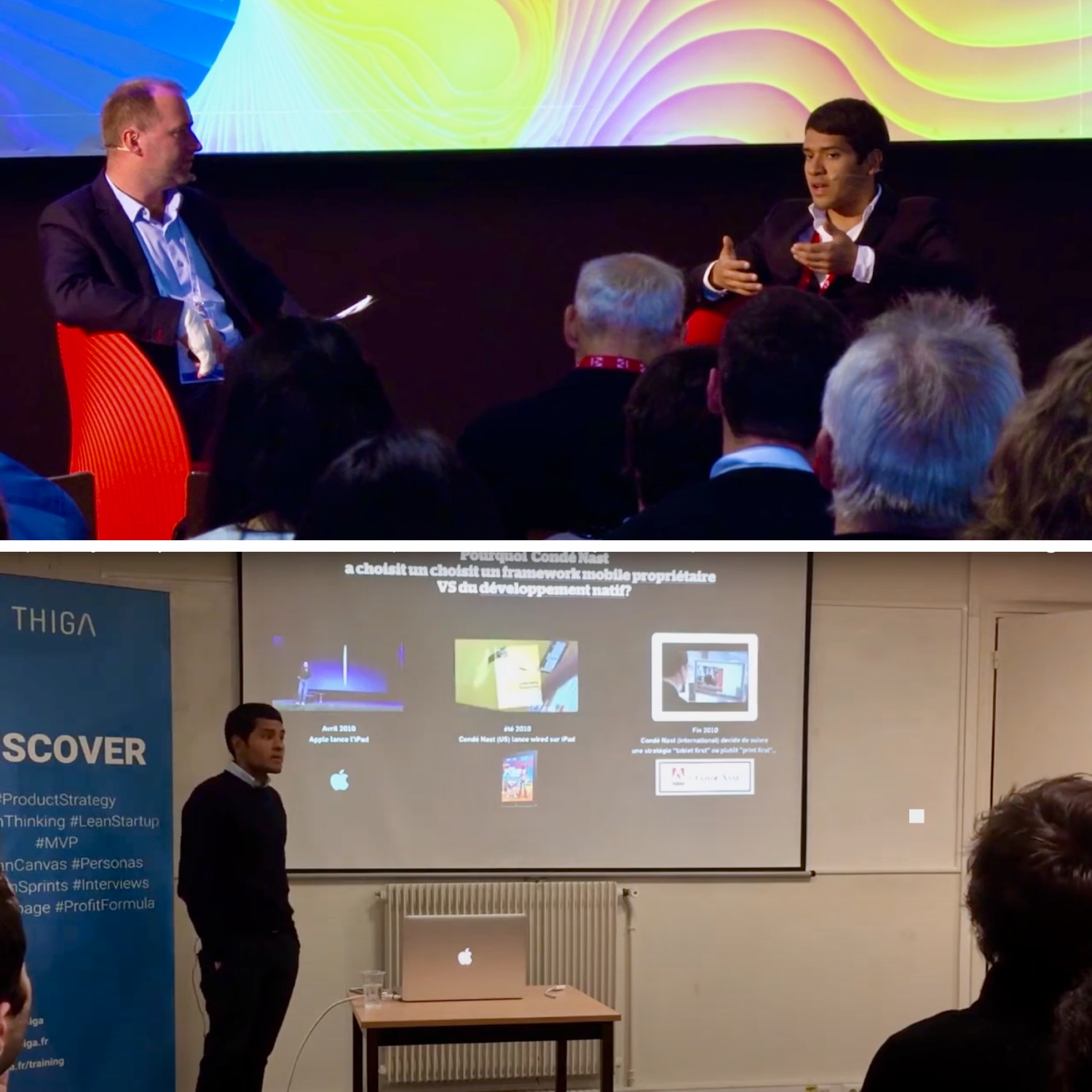 Two scenes: top shows two men on stage having a discussion with an audience, bottom shows a man presenting in front of a projection screen and an audience.