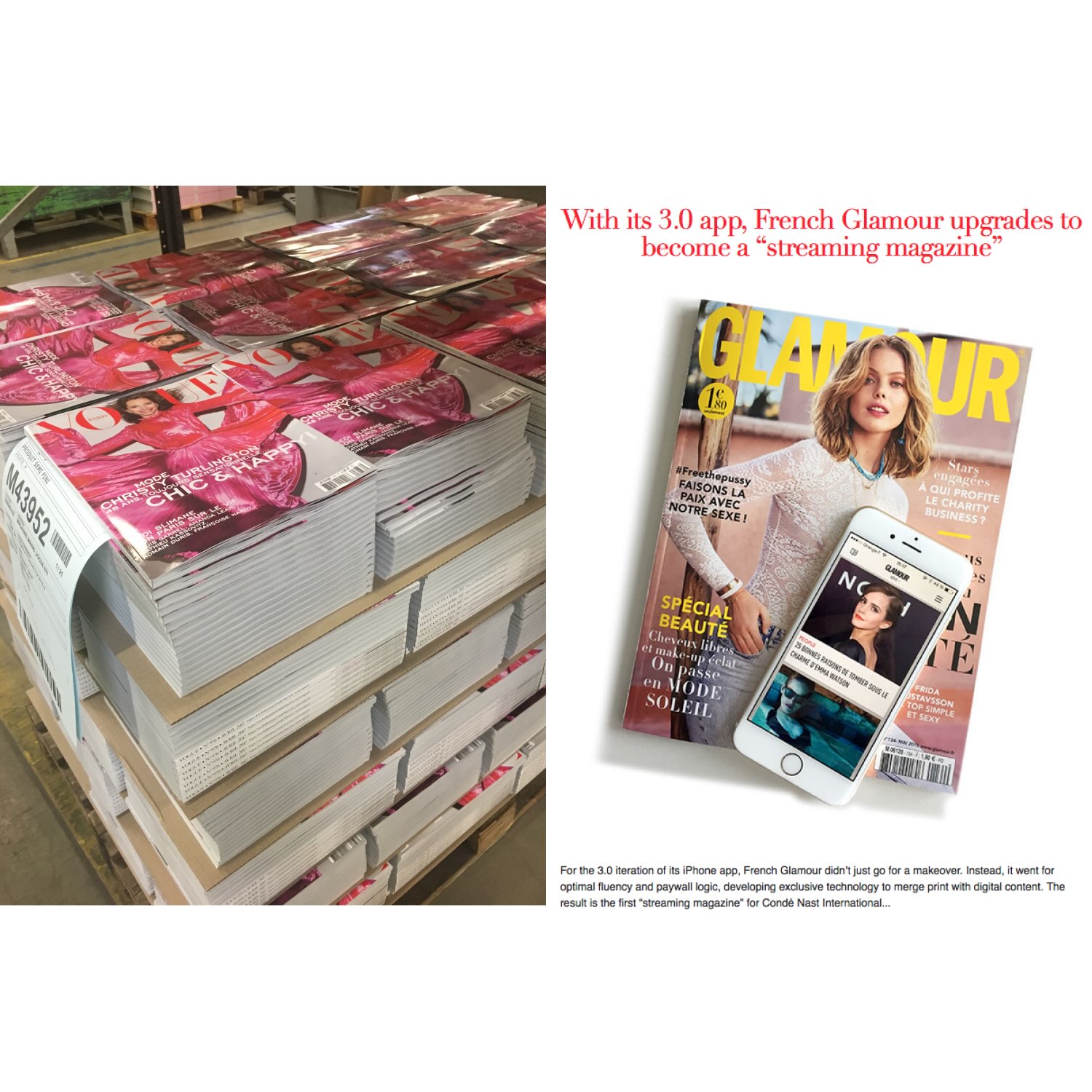 Stacks of Vogue magazines on pallets next to French Glamour magazine with a smartphone displaying its 3.0 app.