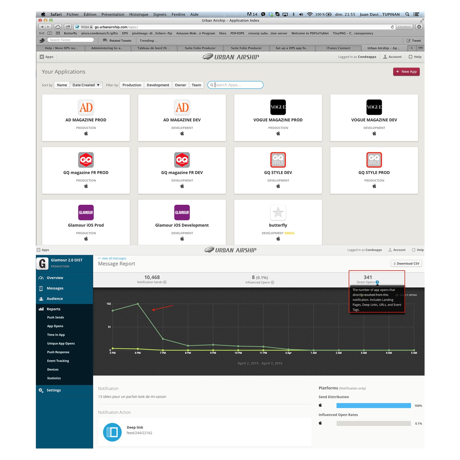 Dashboard of Urban Airship showing applications list with production and development labels and a message report graph for Glamour 2.0 DIST displaying notification sends, influenced opens, and direct opens over time.