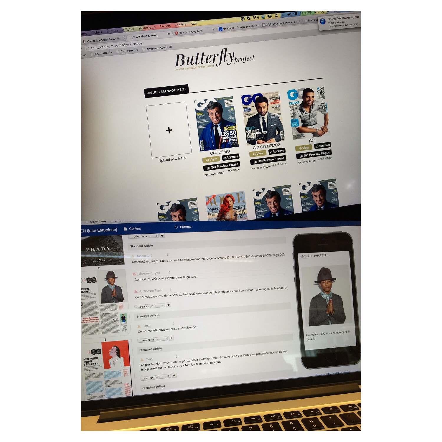 Laptop screen showing a web interface for managing magazine issues and articles, with cover images of GQ magazines and article text entries in French.