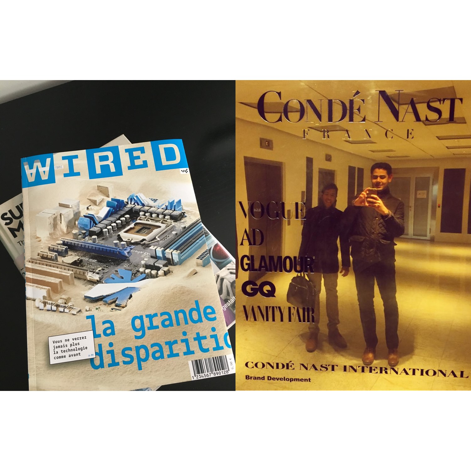 Two magazines—WIRED with an image of a computer motherboard in sand and French text, and a reflective Condé Nast France cover with two men taking a photo in a hallway.