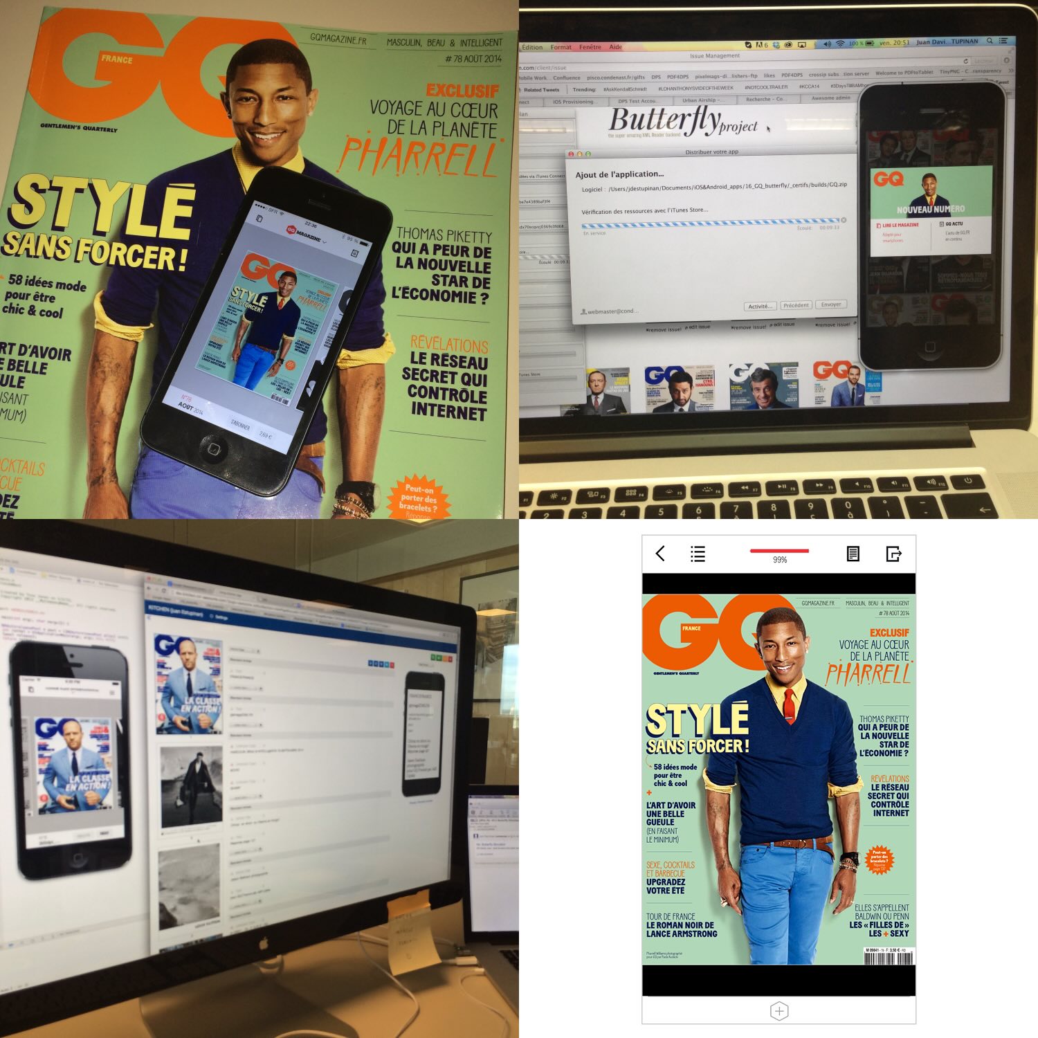 Collage of four images showing various digital displays of GQ France magazine covers and an application management screen on a laptop and desktop computers.