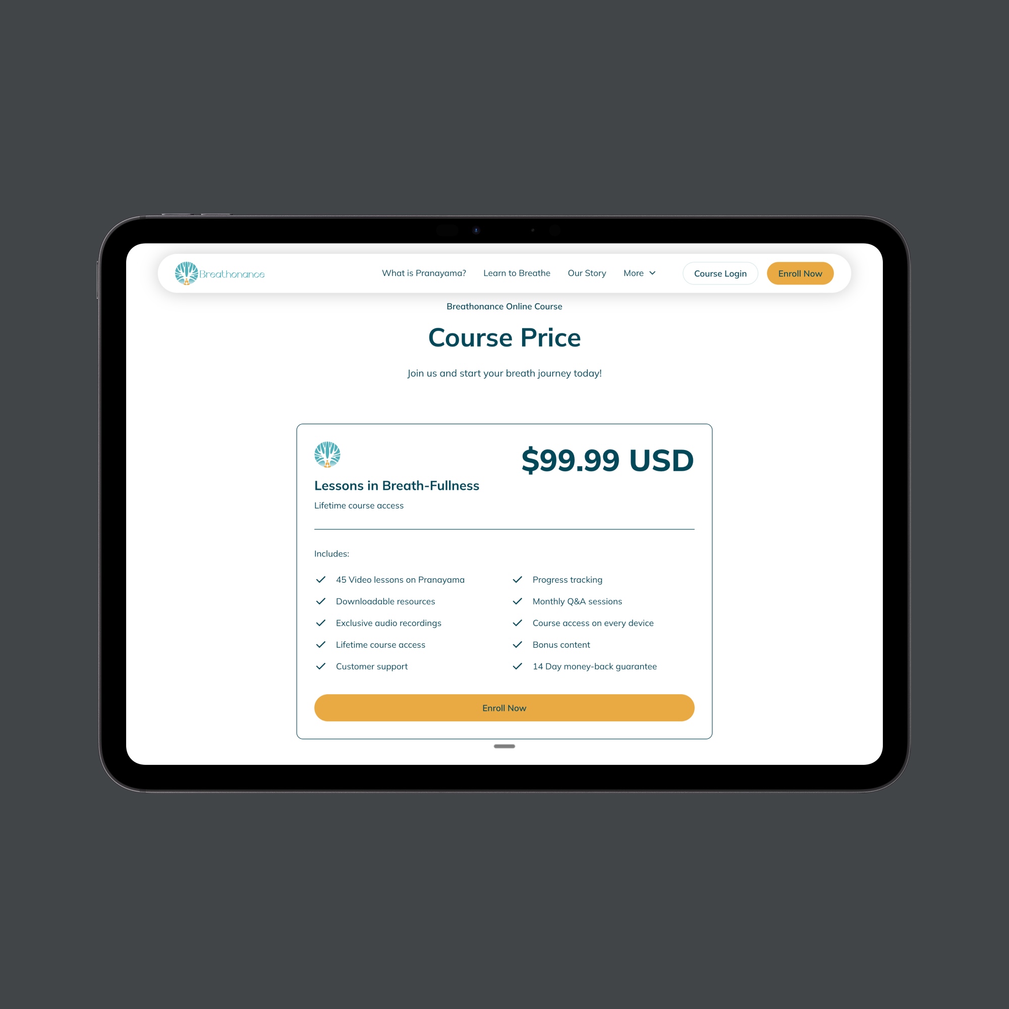 Tablet screen showing Breathonnance course price $99.99 USD with features like 45 video lessons on Pranayama, customer support, progress tracking, and a 14-day money-back guarantee.