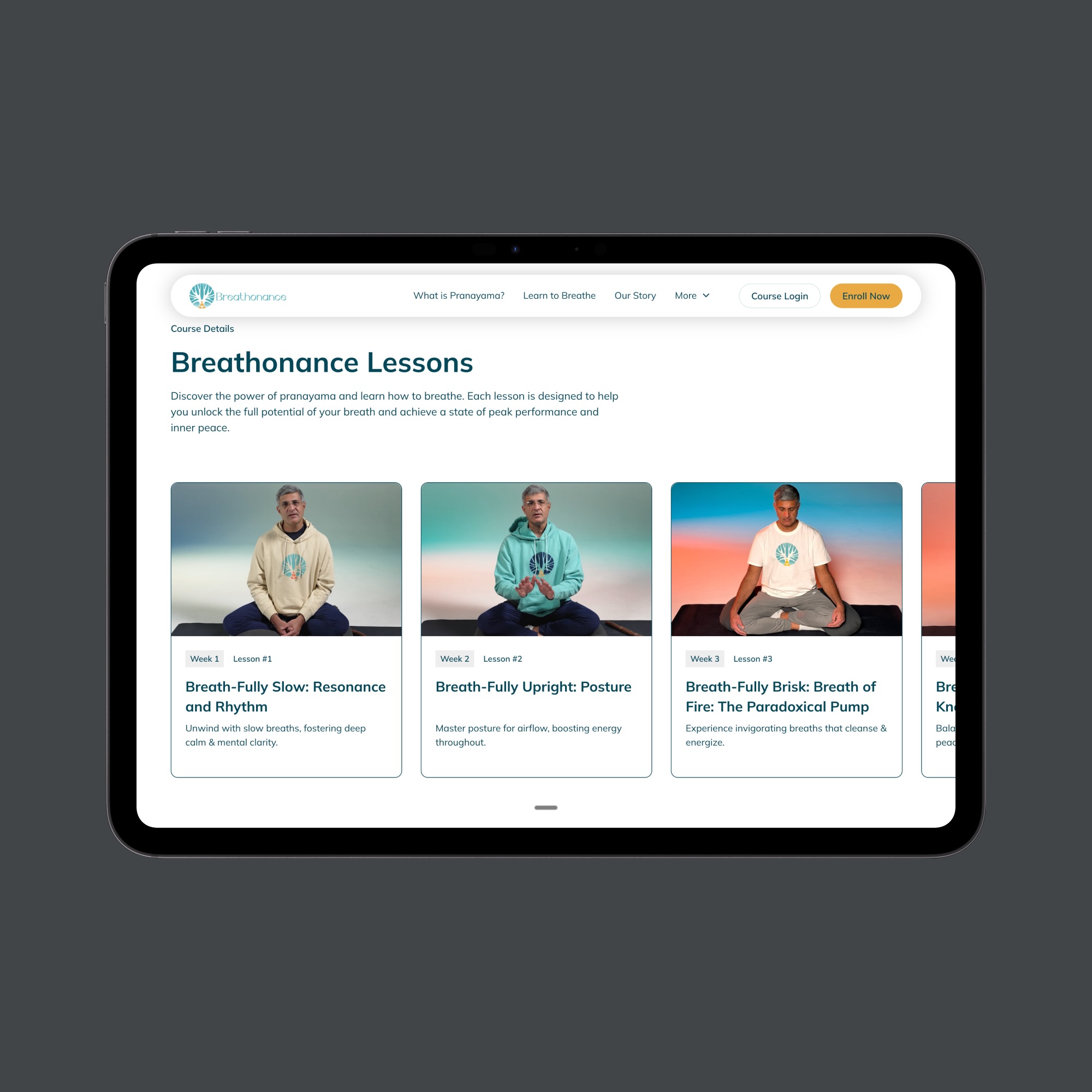Tablet displaying 'Breathonance Lessons' webpage with three pranayama lesson cards featuring a man demonstrating breathing poses.