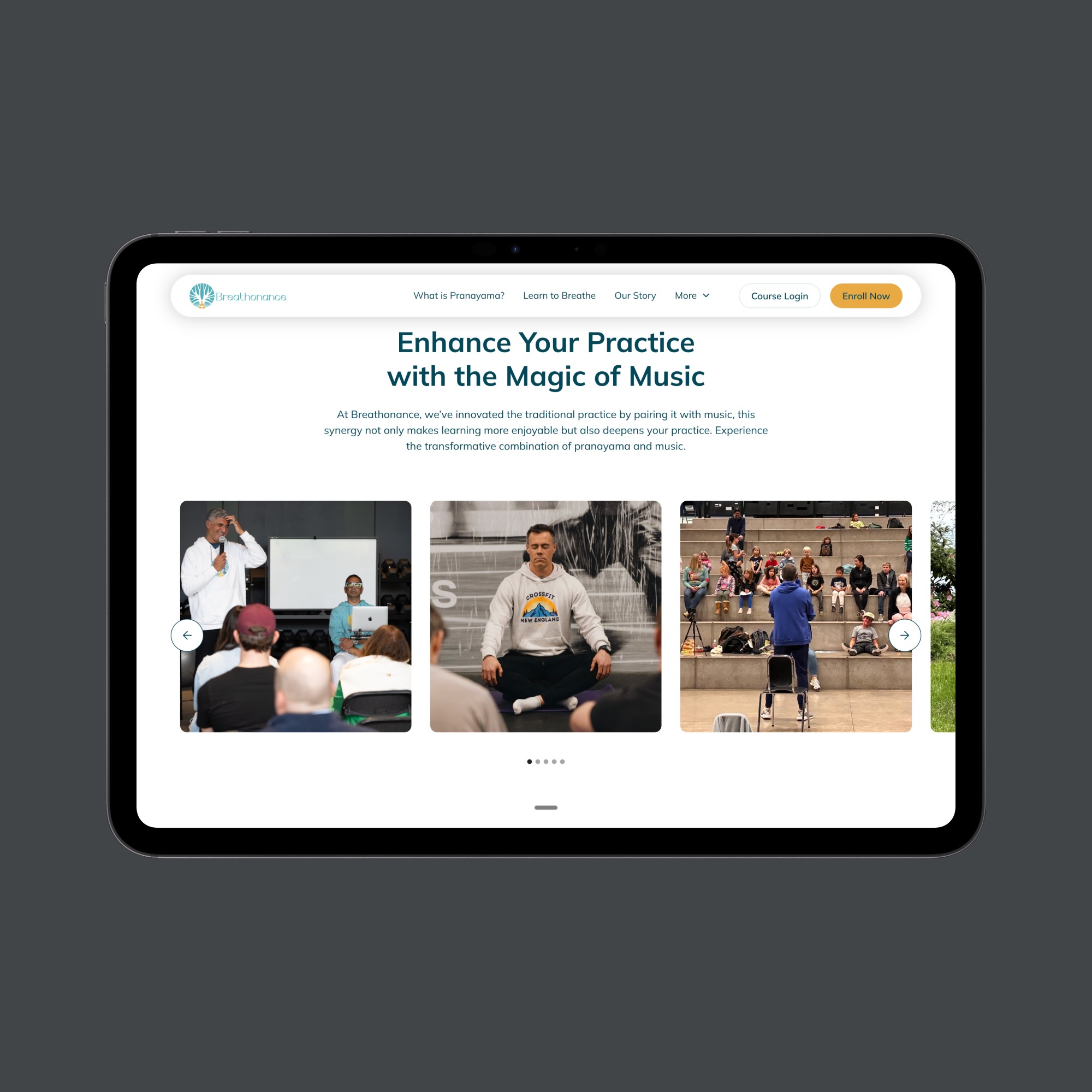 Tablet screen showing a website header 'Enhance Your Practice with the Magic of Music' with images of people meditating and attending classes.
