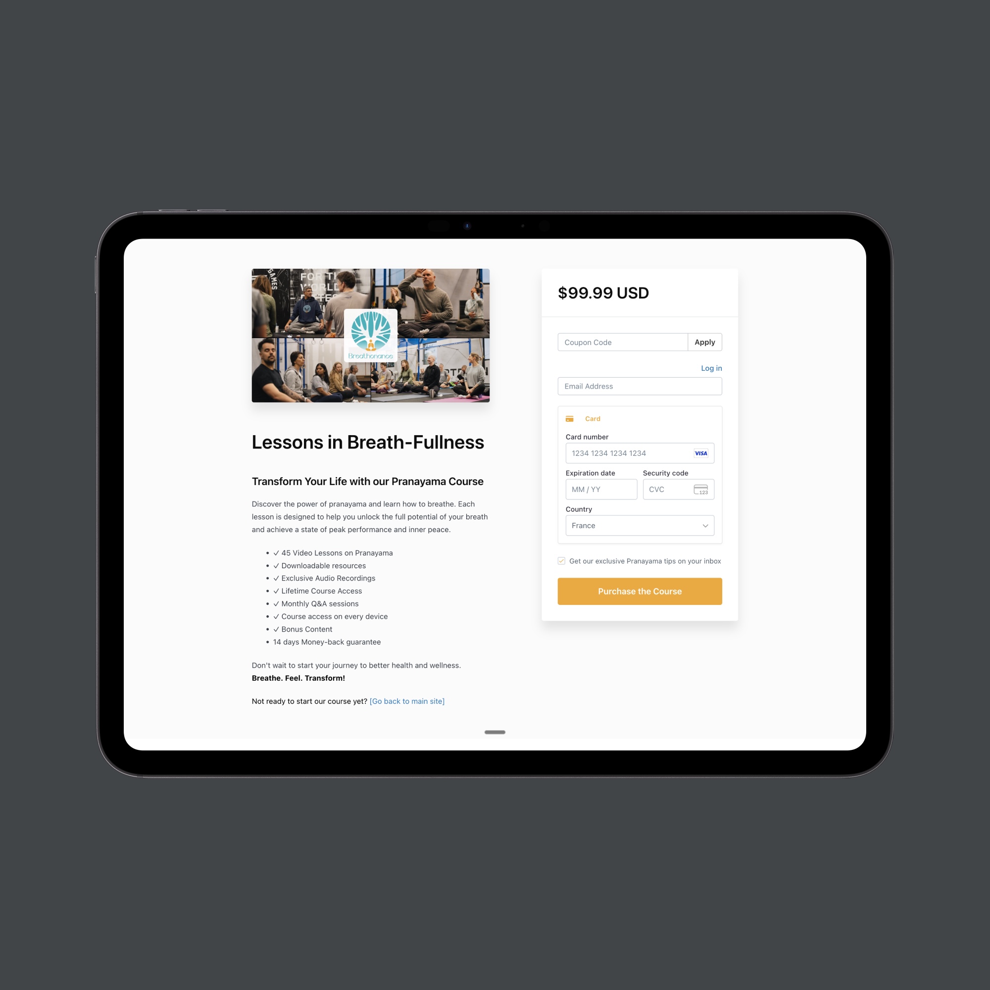 Tablet screen displaying a checkout page for a $99.99 breath-fullness Pranayama course with course details and a payment form.